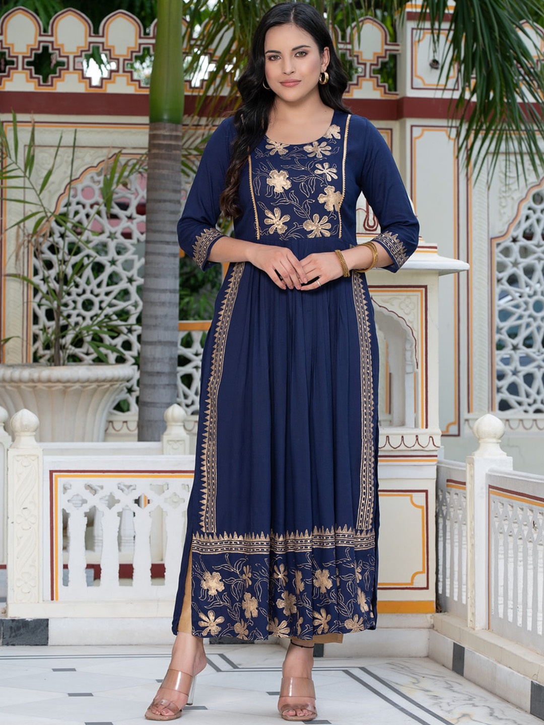 

Indi INSIDE Ethnic Motifs Block Printed A-Line Kurta, Blue