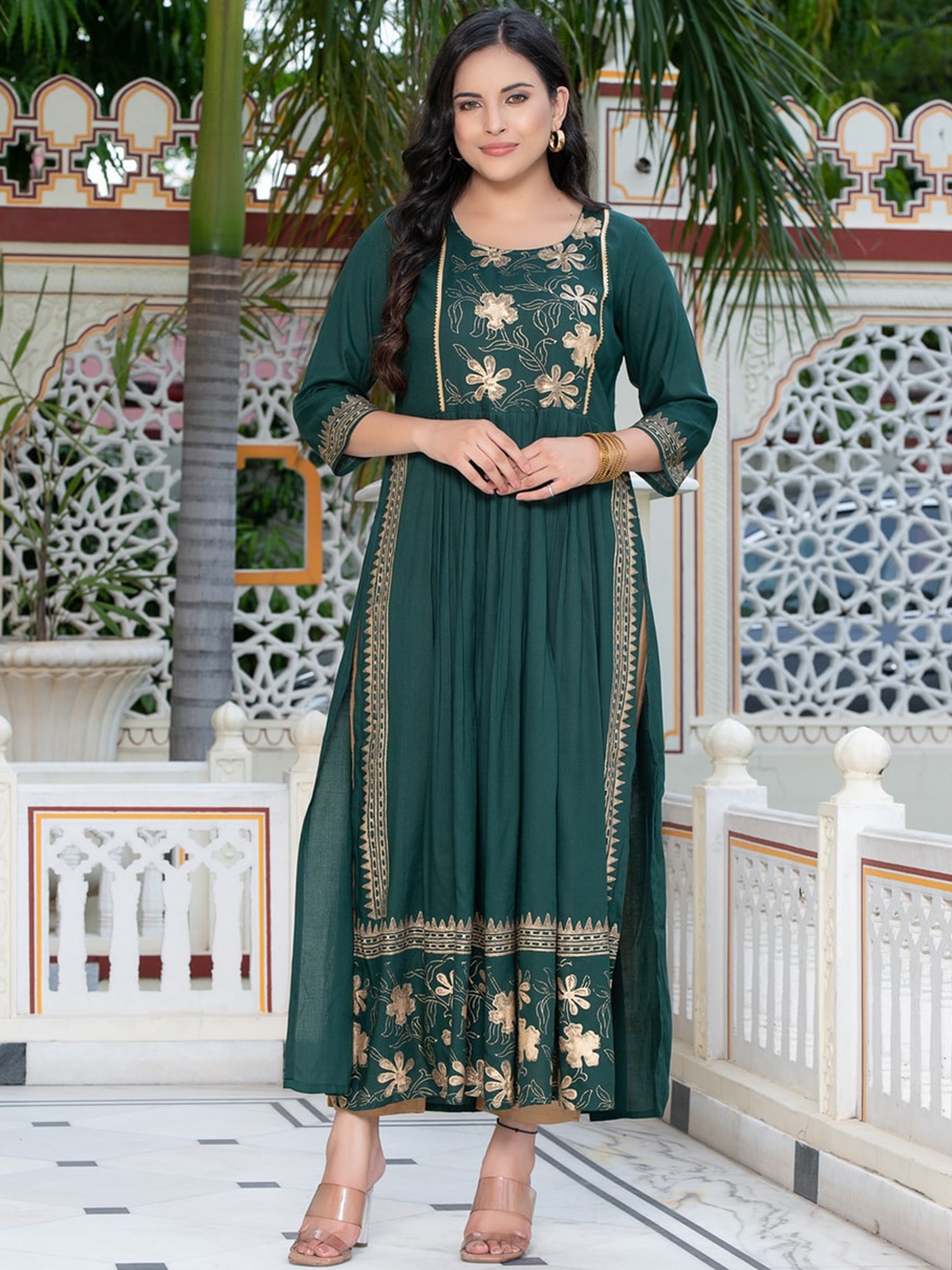 

Indi INSIDE Ethnic Motifs Block Printed A-Line Kurta, Green