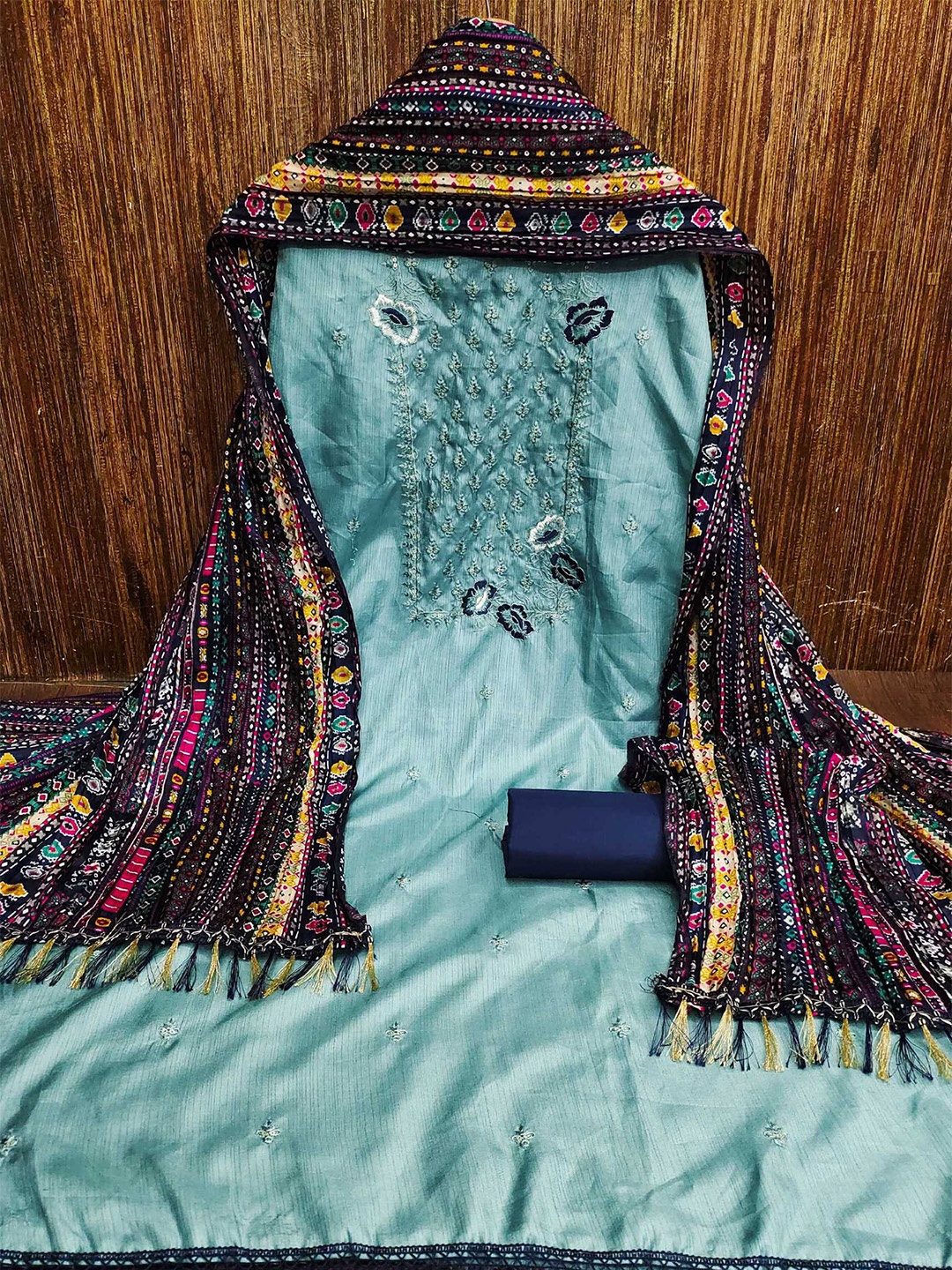 

KALINI Ethnic Motifs Embroidered Sequinned Detail Unstitched Dress Material, Blue