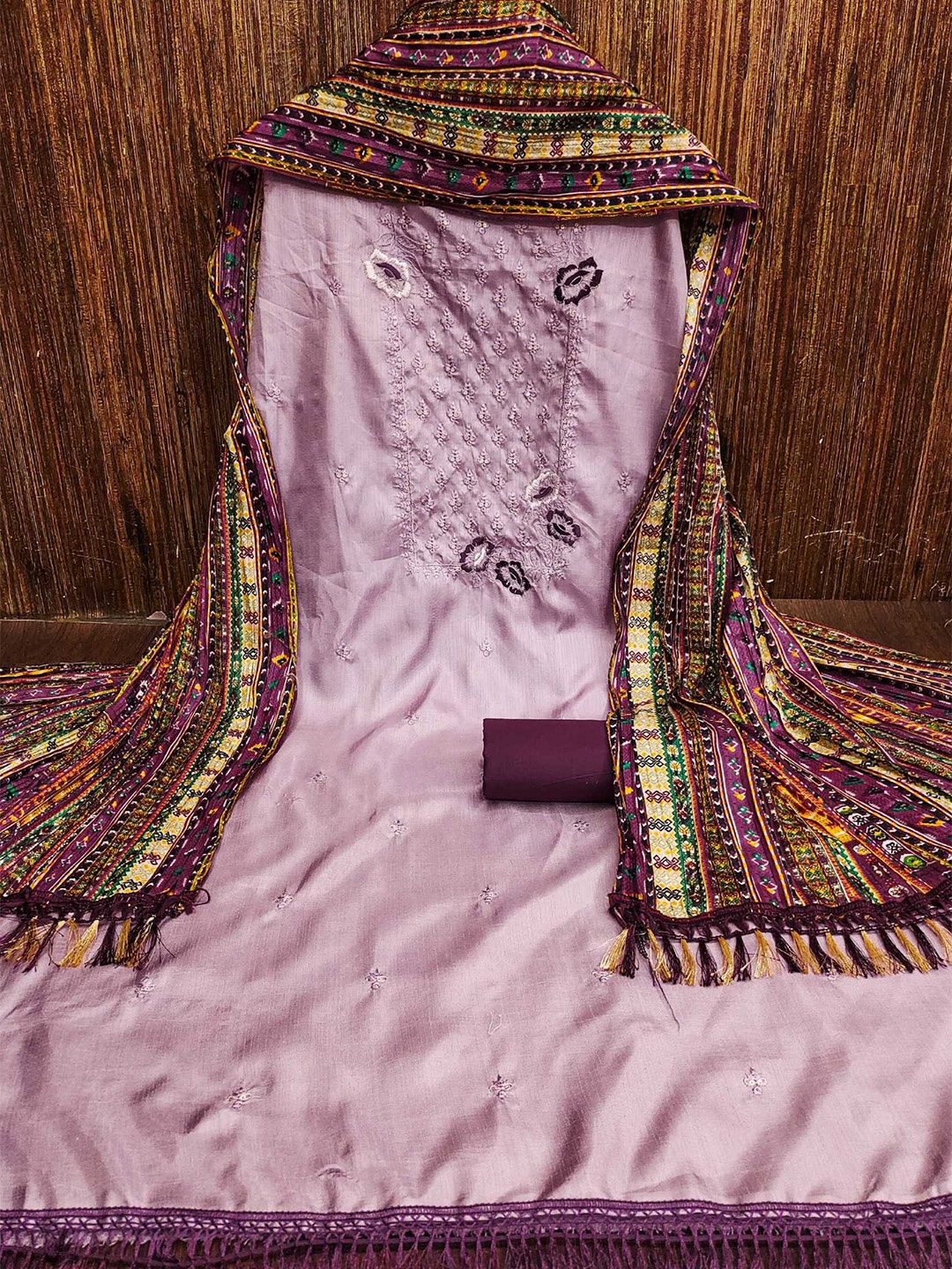 

KALINI Ethnic Motifs Embroidered Sequinned Detail Unstitched Dress Material, Purple