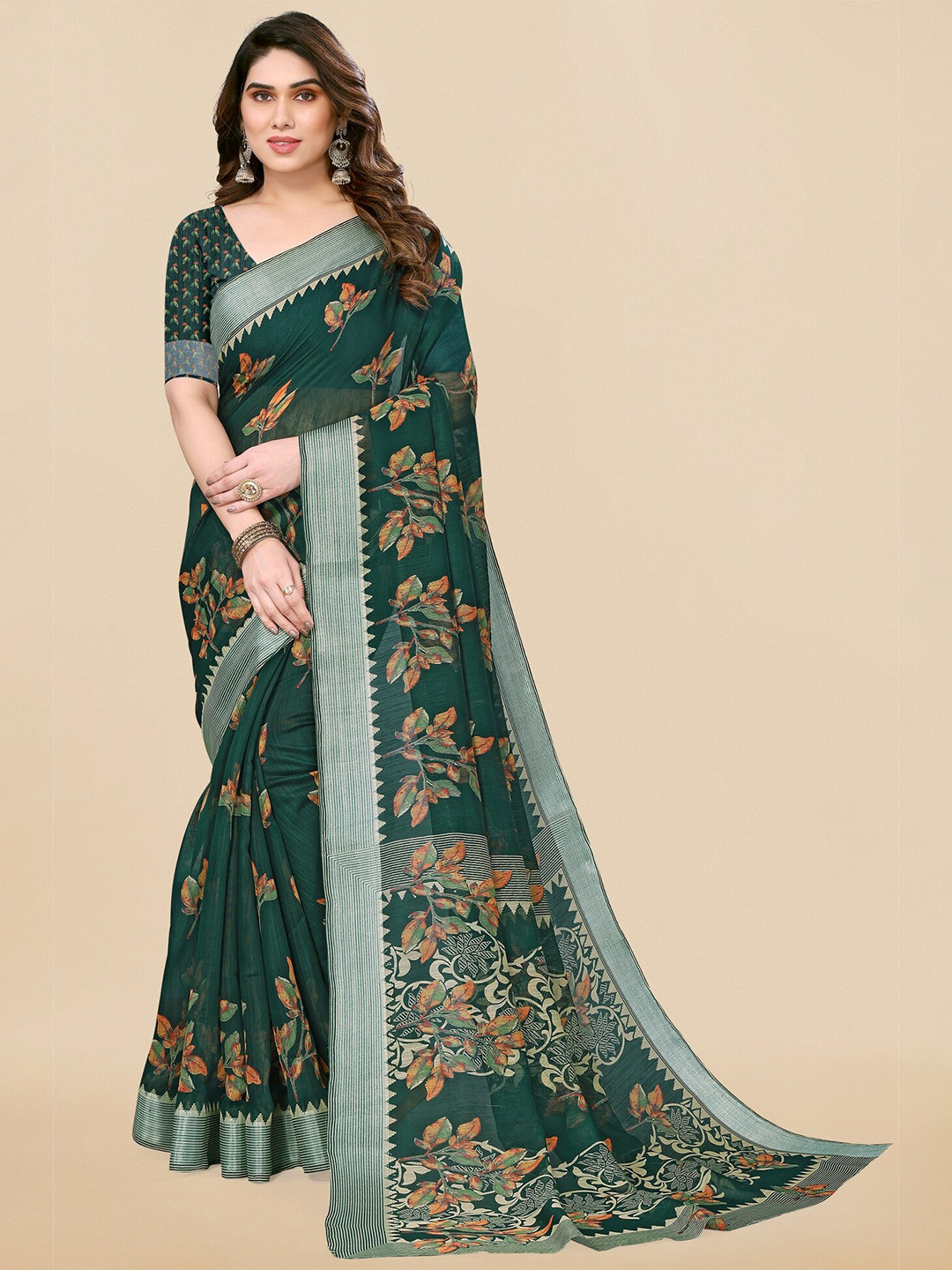 

KALINI Floral Printed Saree, Green