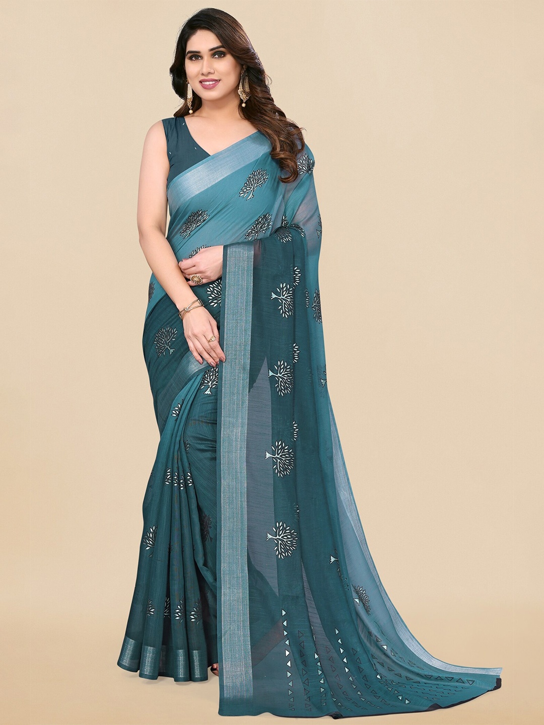 

MIRCHI FASHION Ethnic Motifs Block Printed Zari Saree, Green