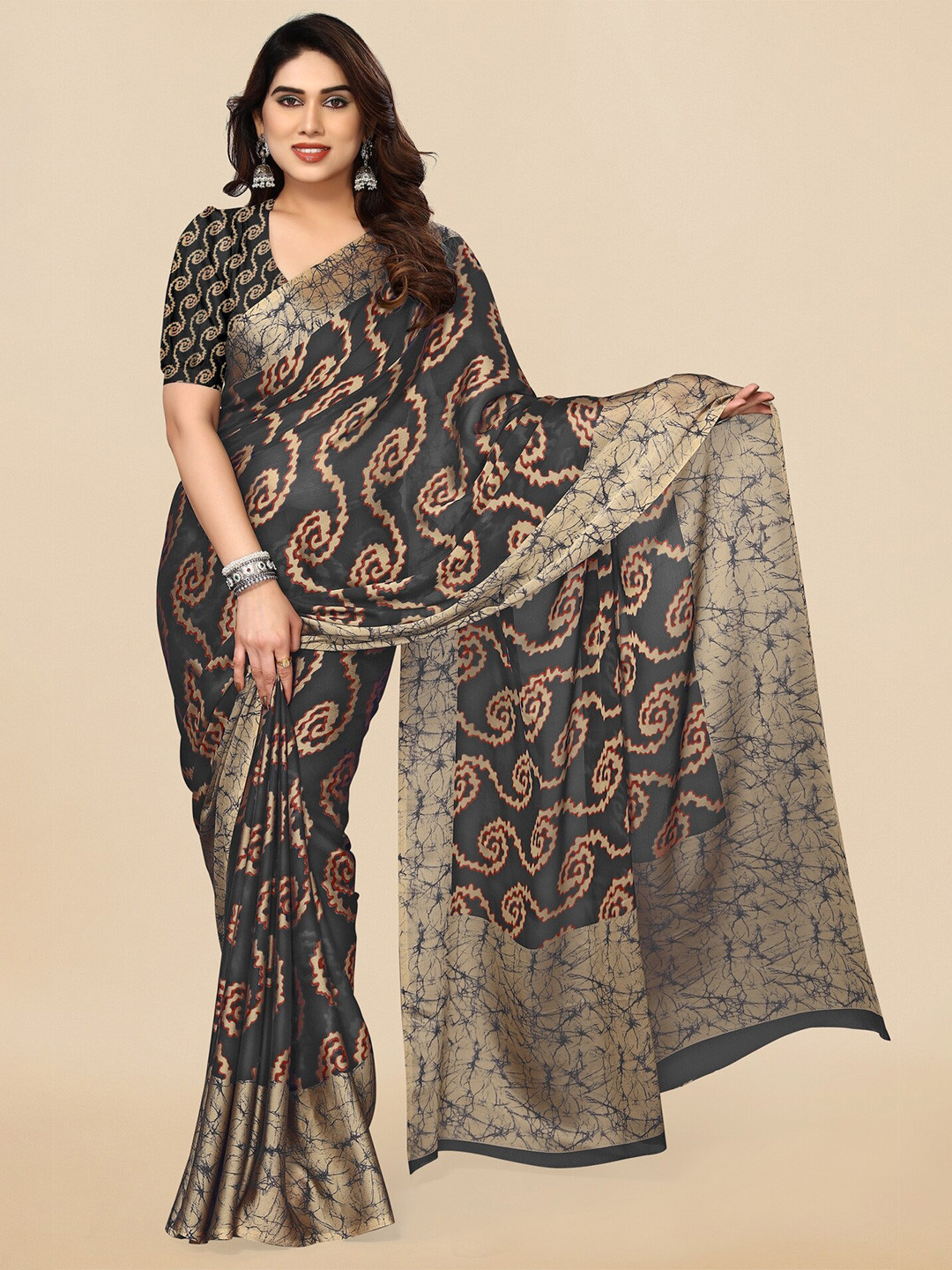 

MIRCHI FASHION Abstract Printed Poly Chiffon Saree, Black