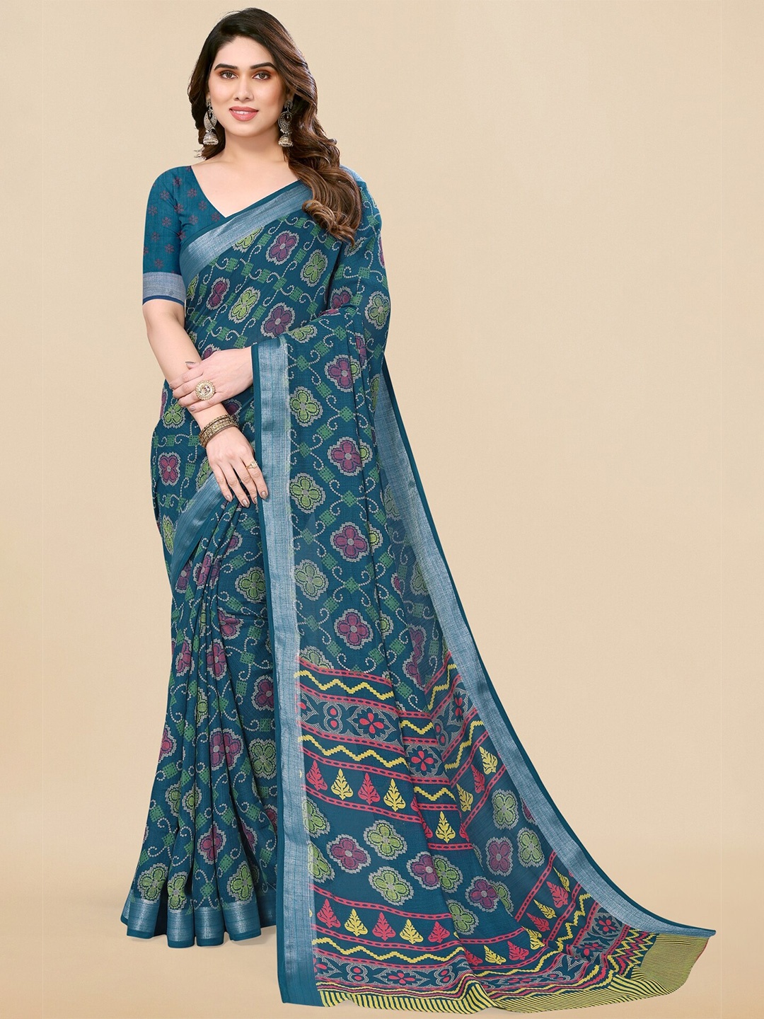 

KALINI Bandhani Printed Zari Bandhani Saree, Blue