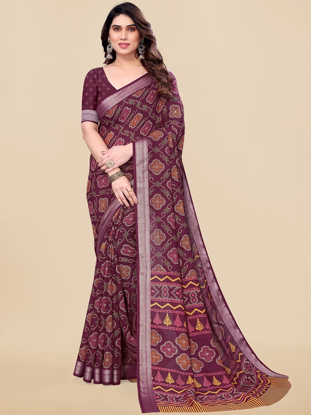 

MIRCHI FASHION Magenta & Yellow Ethnic Motifs Printed Zari Saree