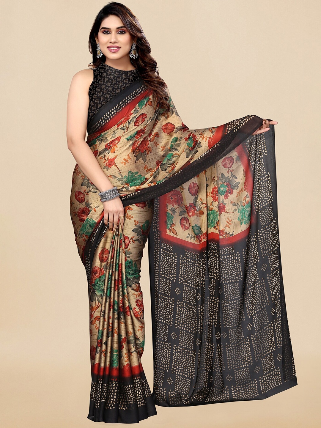 

MIRCHI FASHION Floral Printed Poly Chiffon Bandhani Saree, Beige