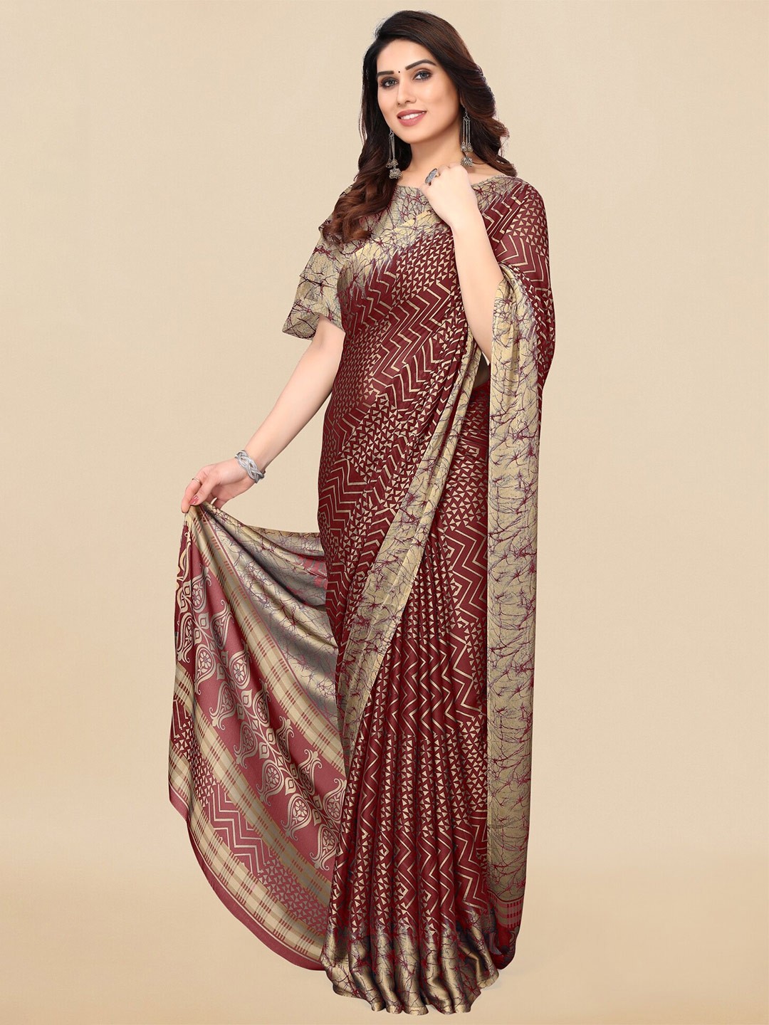 

MIRCHI FASHION Maroon & Beige Geometric Printed Saree
