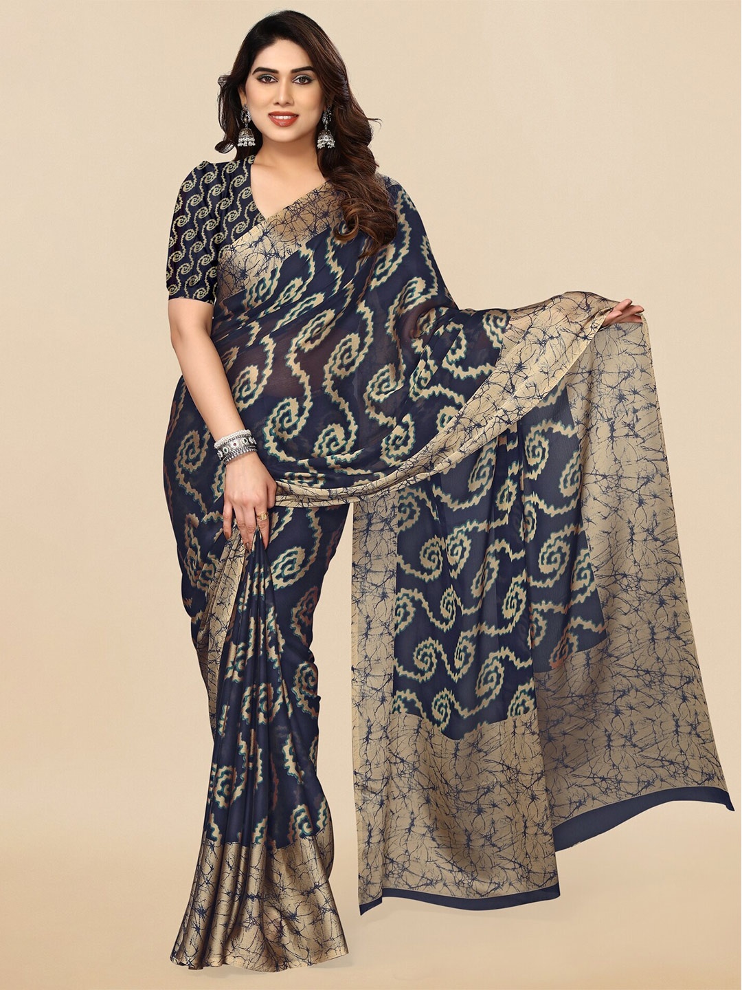 

MIRCHI FASHION Navy Blue & Beige Abstract Printed Saree