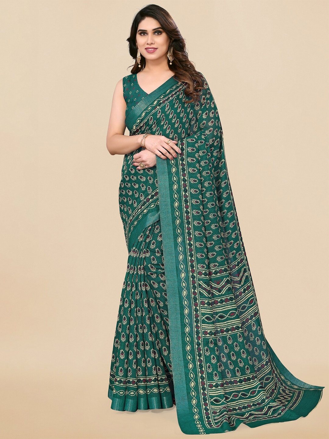 

MIRCHI FASHION Paisley Printed Zari Art Silk Saree, Green