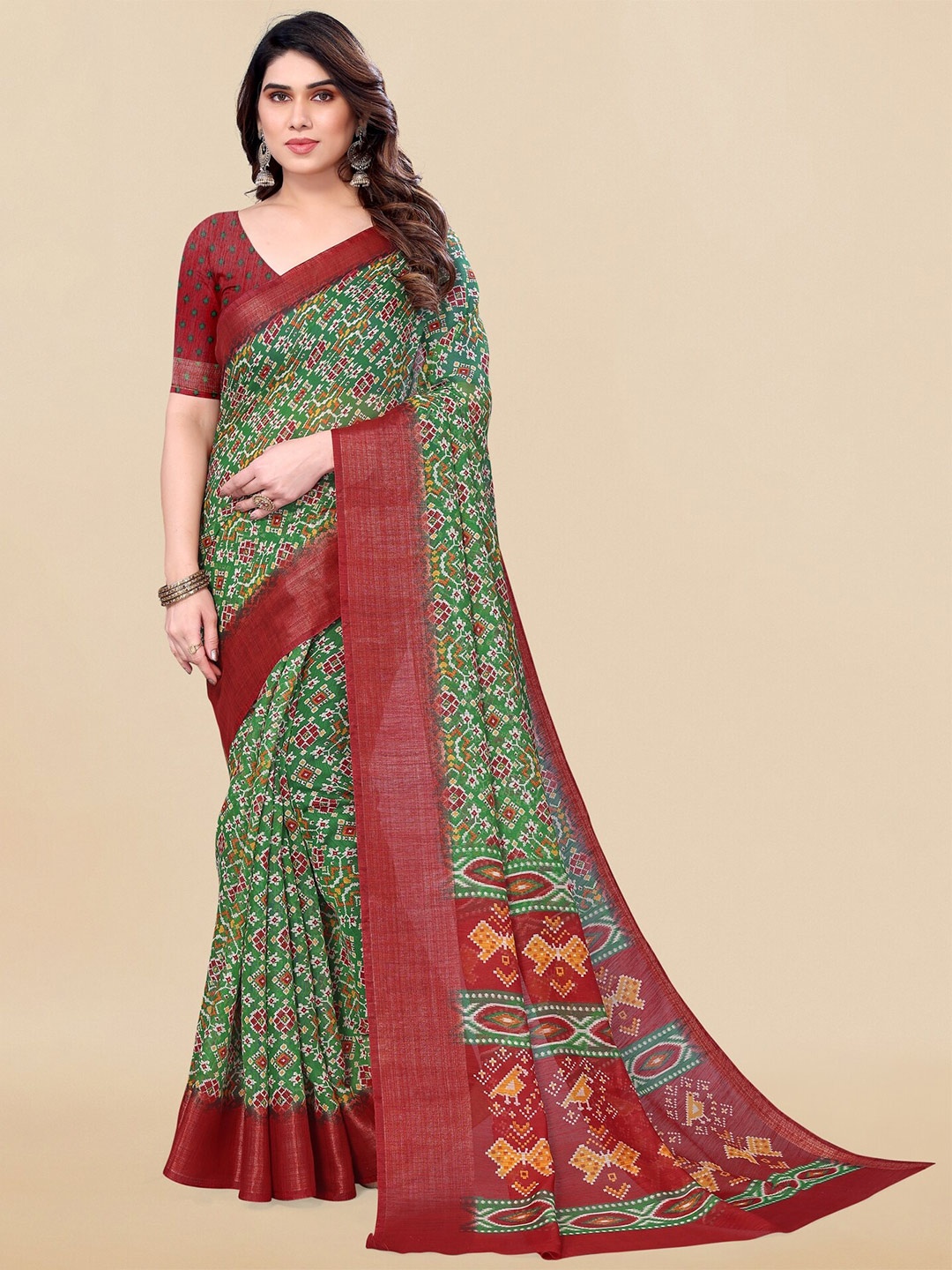 

MIRCHI FASHION Green & Red Ethnic Motifs Printed Zari Patola Saree
