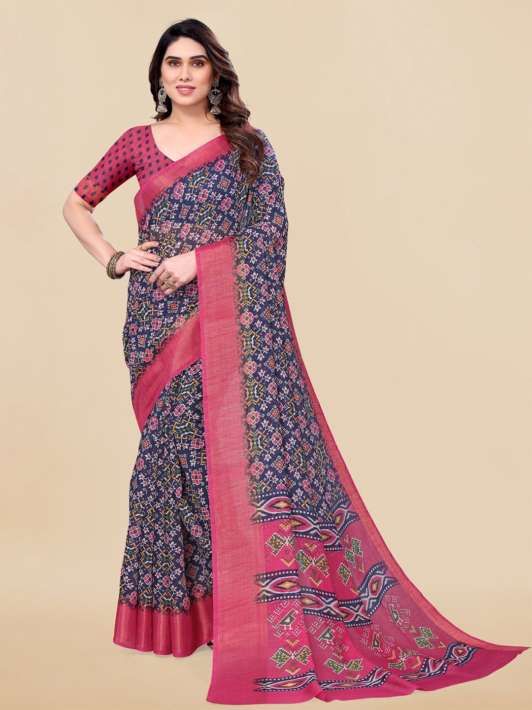 

MIRCHI FASHION Geometric Printed Zari Patola Saree, Blue