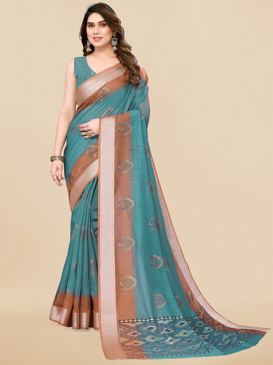 

MIRCHI FASHION Ethnic Motifs Printed Zari Block Print Saree, Green