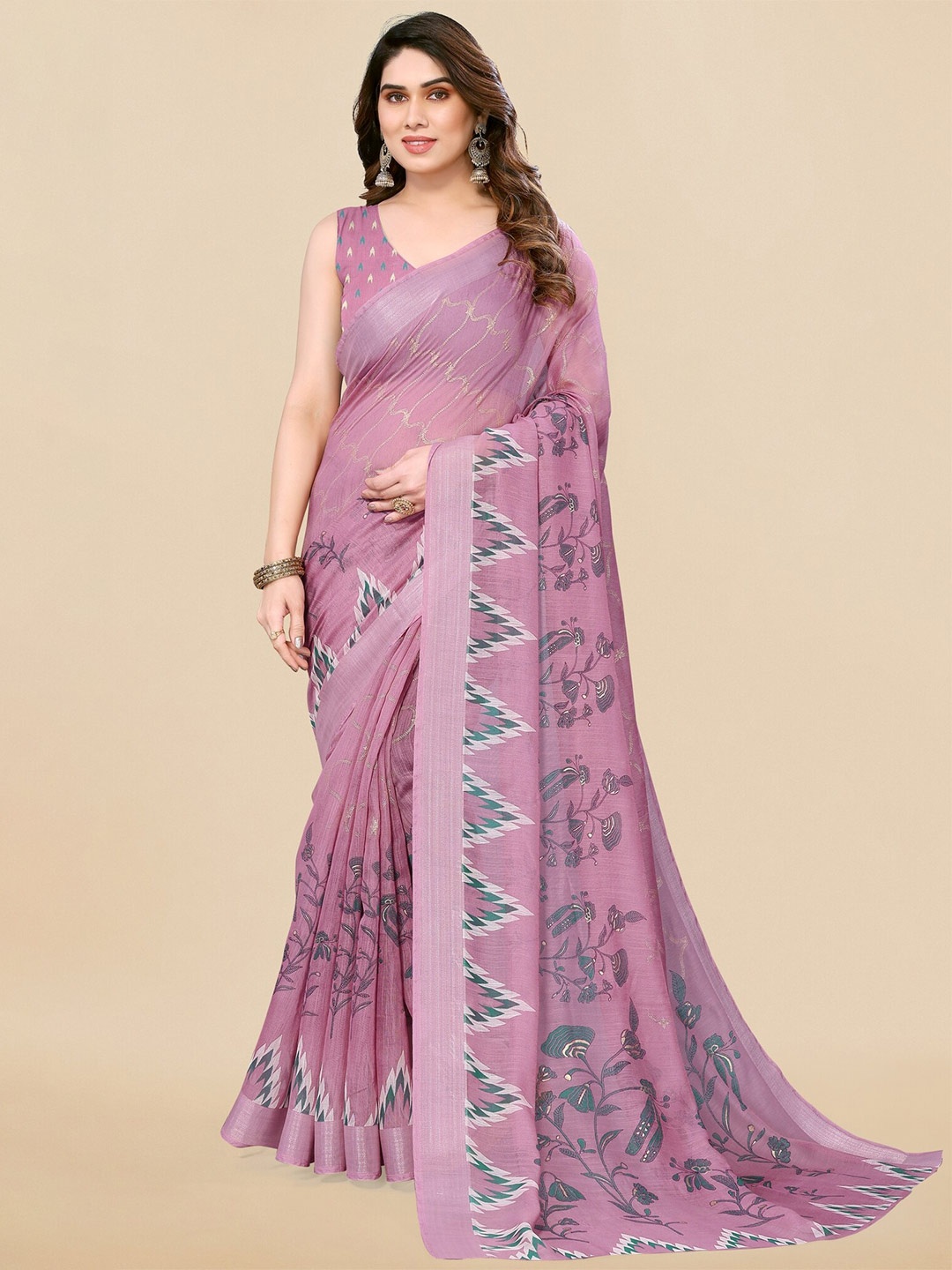 

MIRCHI FASHION Pink & Teal Floral Printed Zari Saree