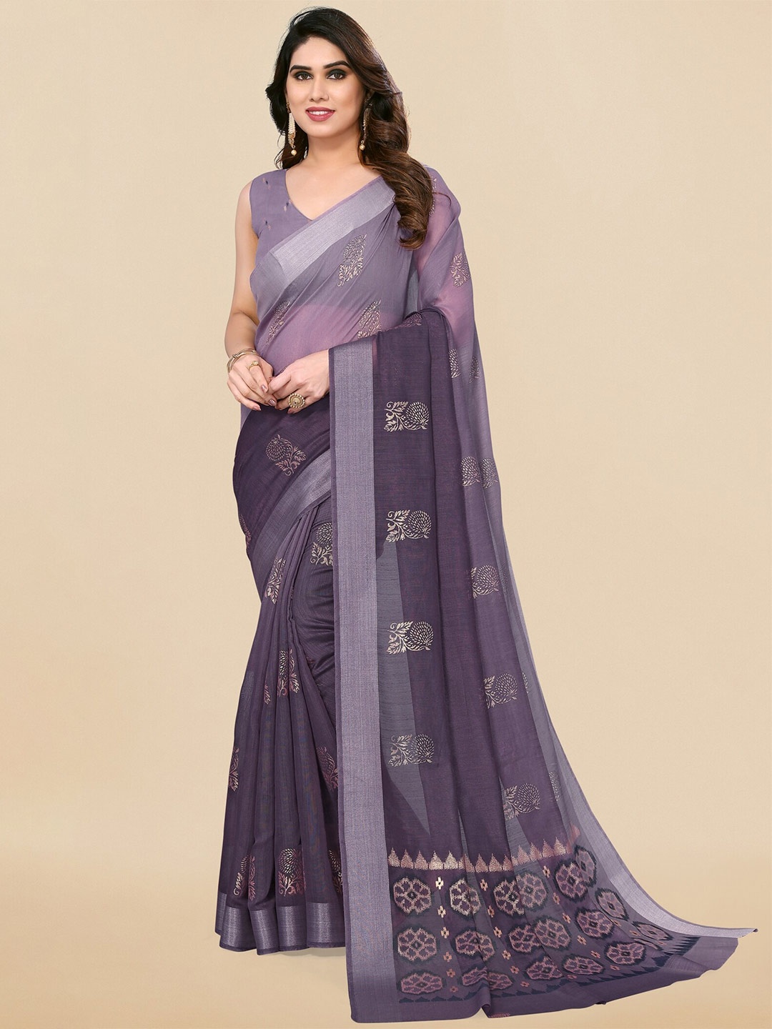 

MIRCHI FASHION Purple & Silver-Toned Ethnic Motifs Zari Block Print Saree