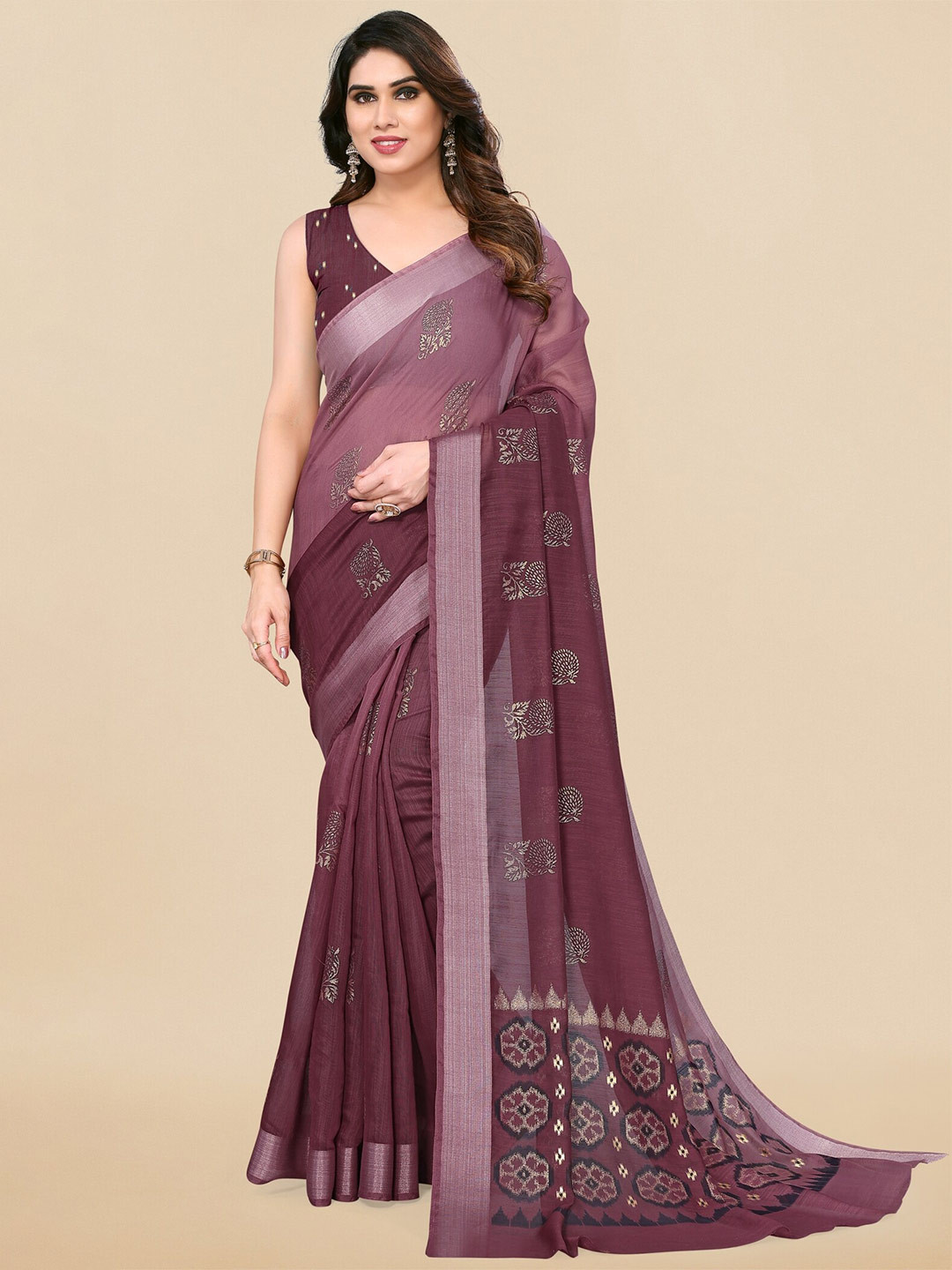 

MIRCHI FASHION Ethnic Motifs Printed Zari Block Print Saree, Purple