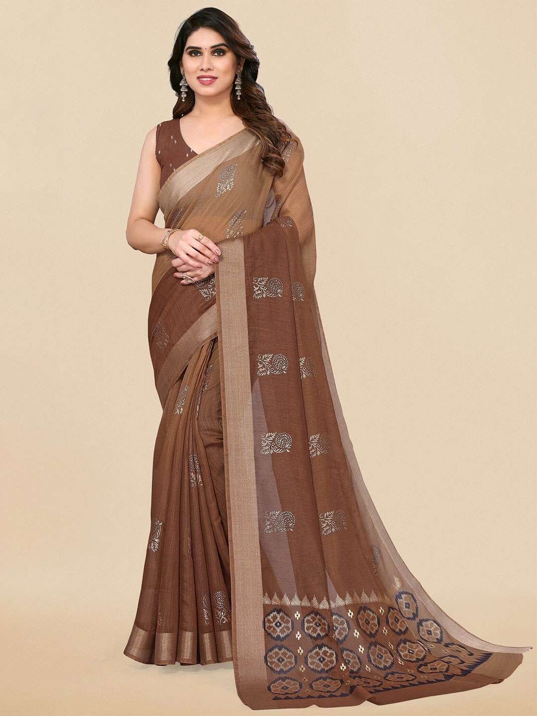 

MIRCHI FASHION Brown & Gold-Toned Ethnic Motifs Printed Zari Block Print Saree