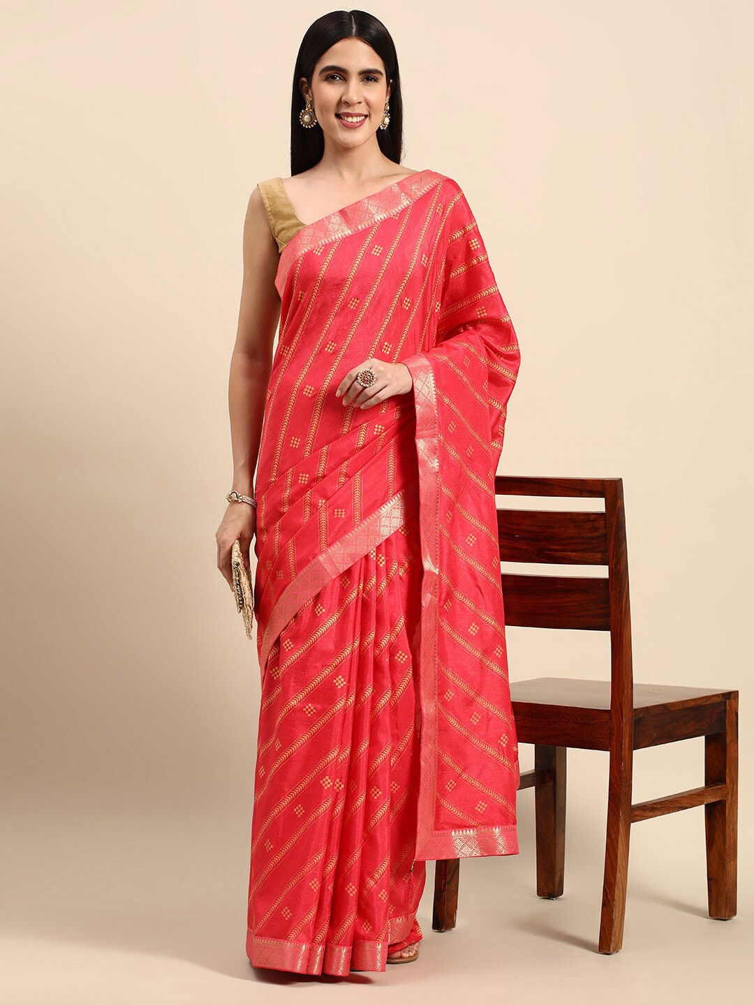 

KALINI Ethnic Motifs Printed Zari Pure Silk Saree, Pink