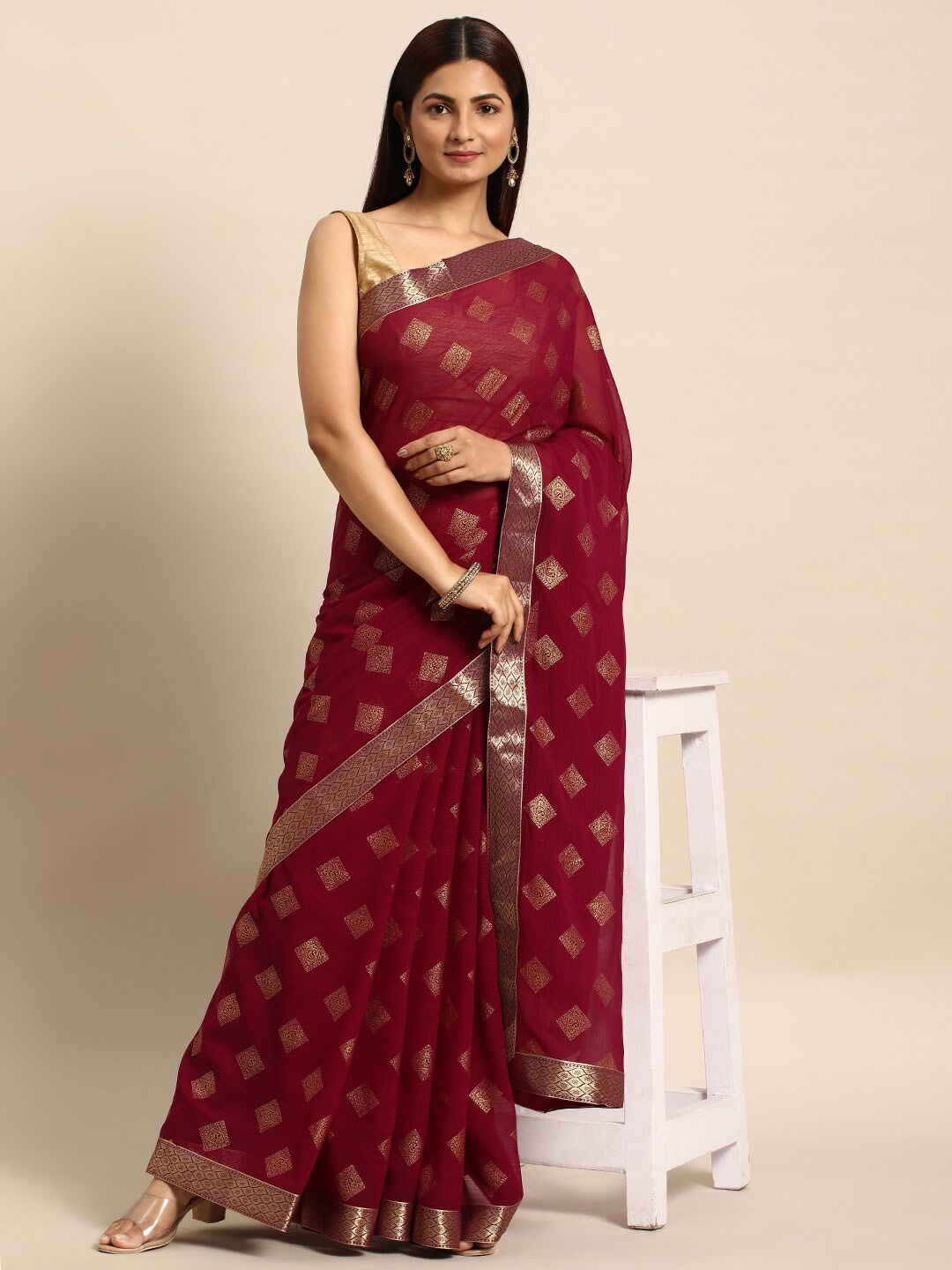 

KALINI Ethnic Motifs Printed Zari Saree, Burgundy