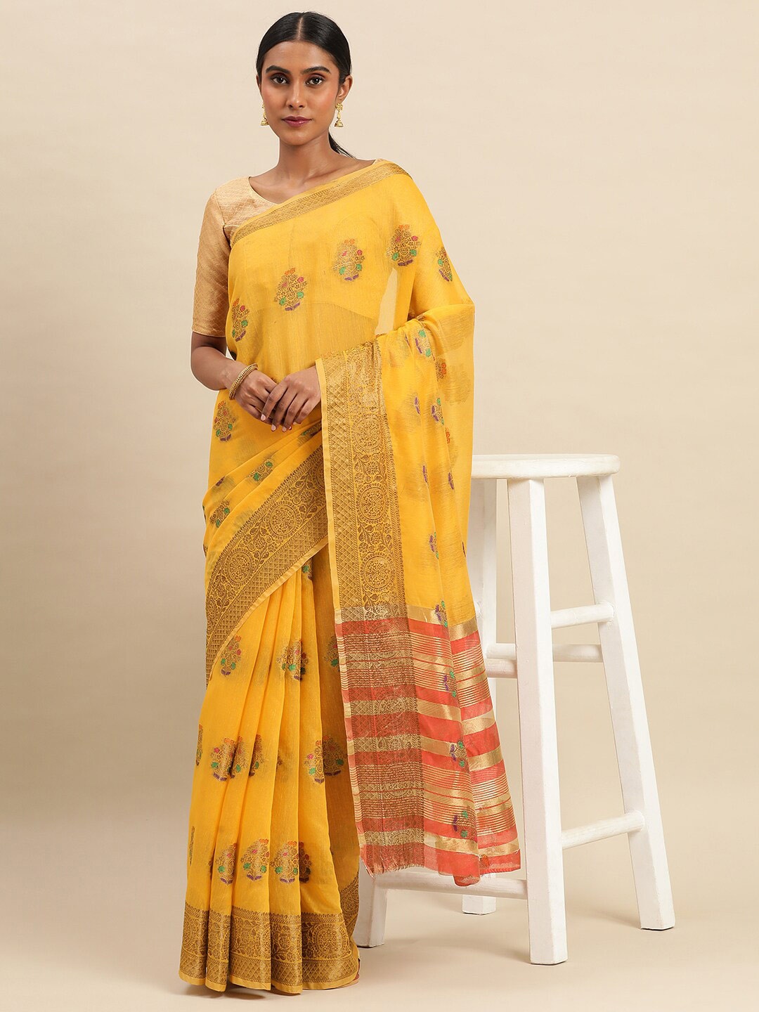 

KALINI Ethnic Motifs Woven Design Zari Silk Cotton Saree, Yellow