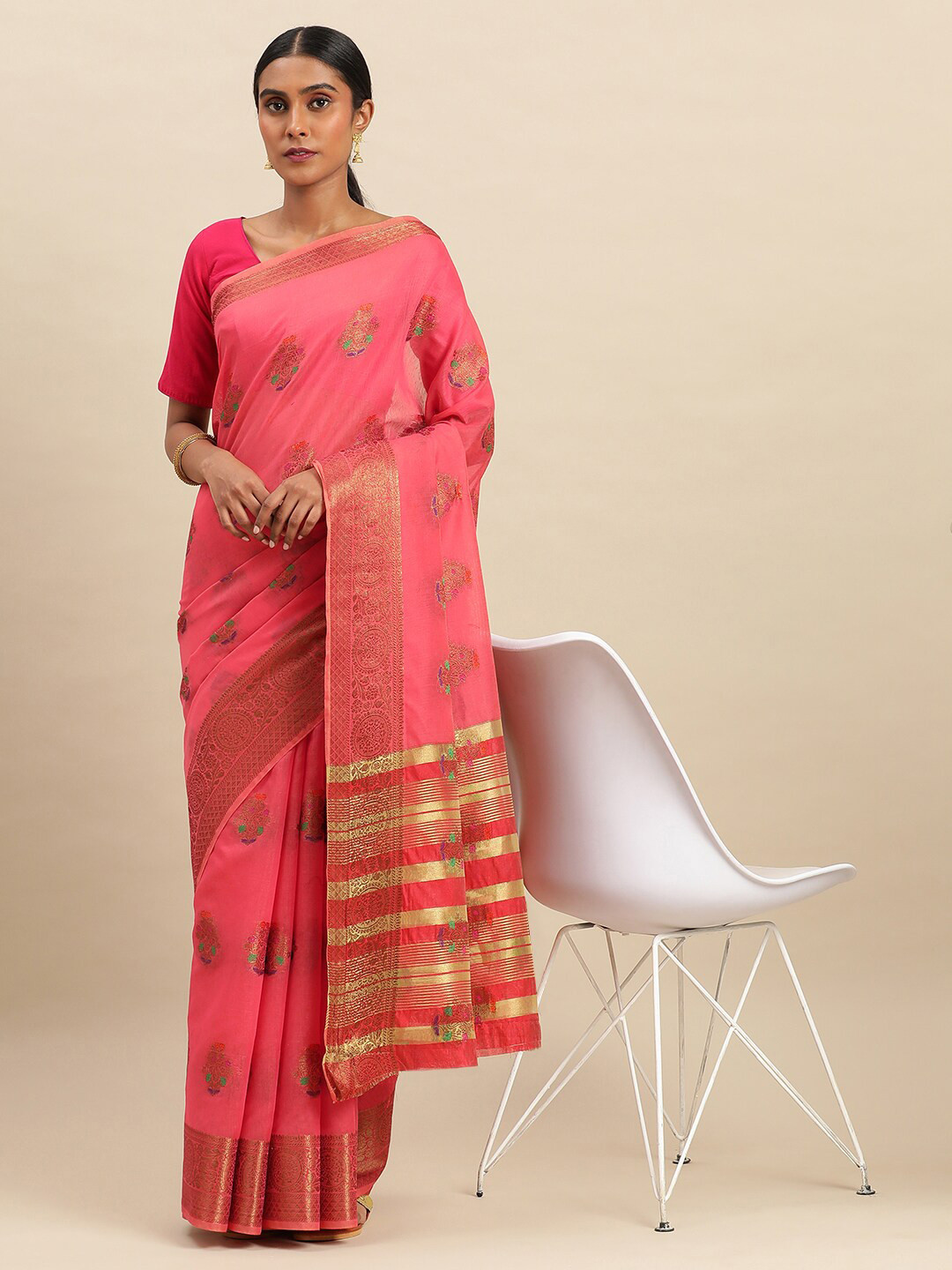 

KALINI Woven Design Zari Silk Cotton Saree, Peach
