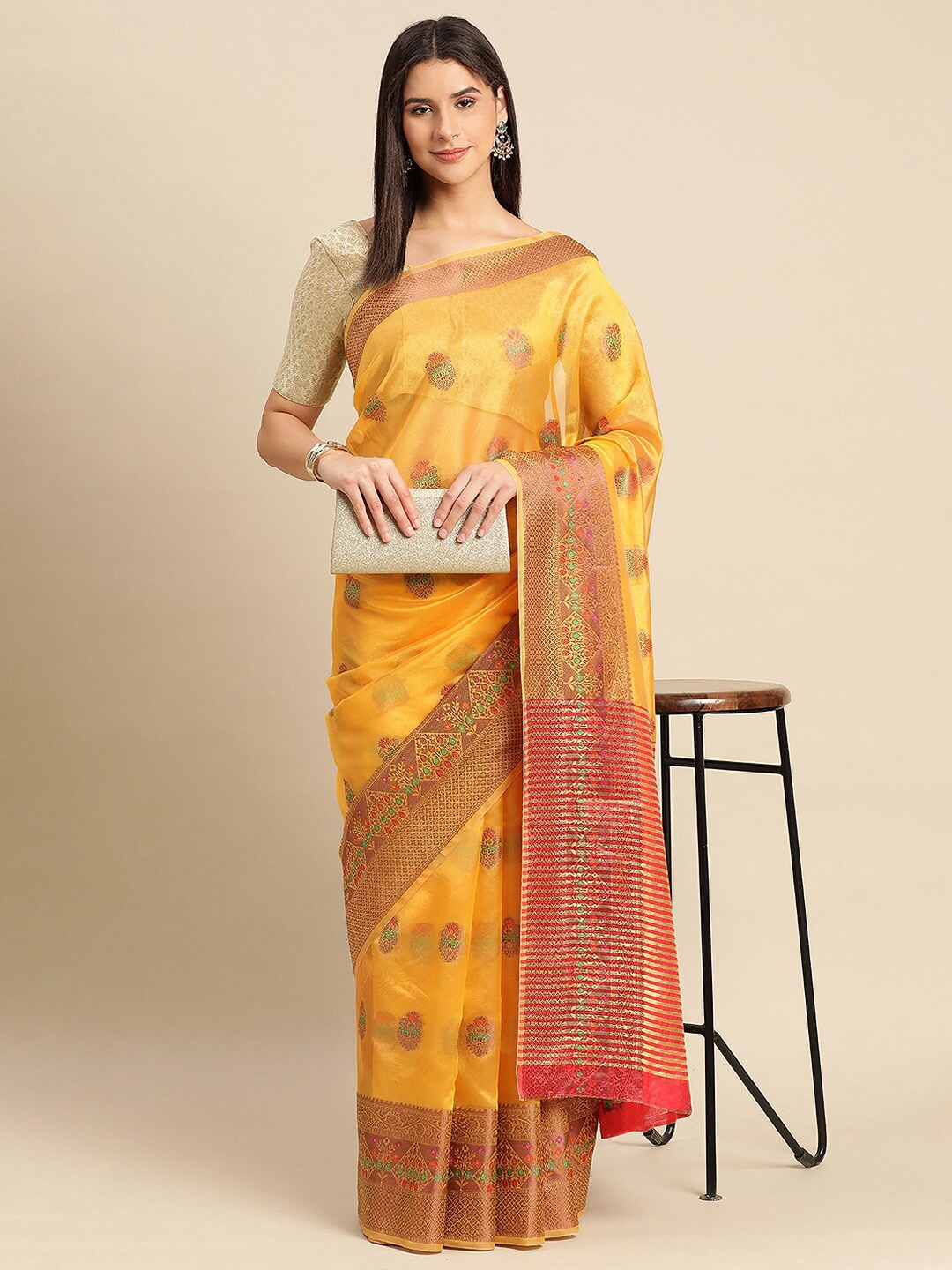 

KALINI Ethnic Motifs Woven Design Zari Organza Saree, Gold