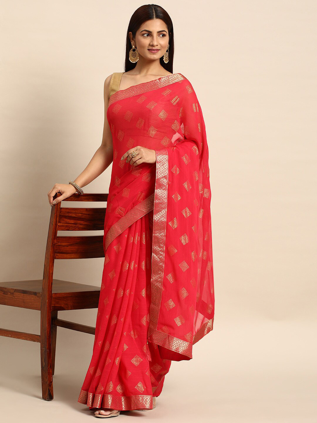 

KALINI Ethnic Motifs Printed Zari Saree, Pink