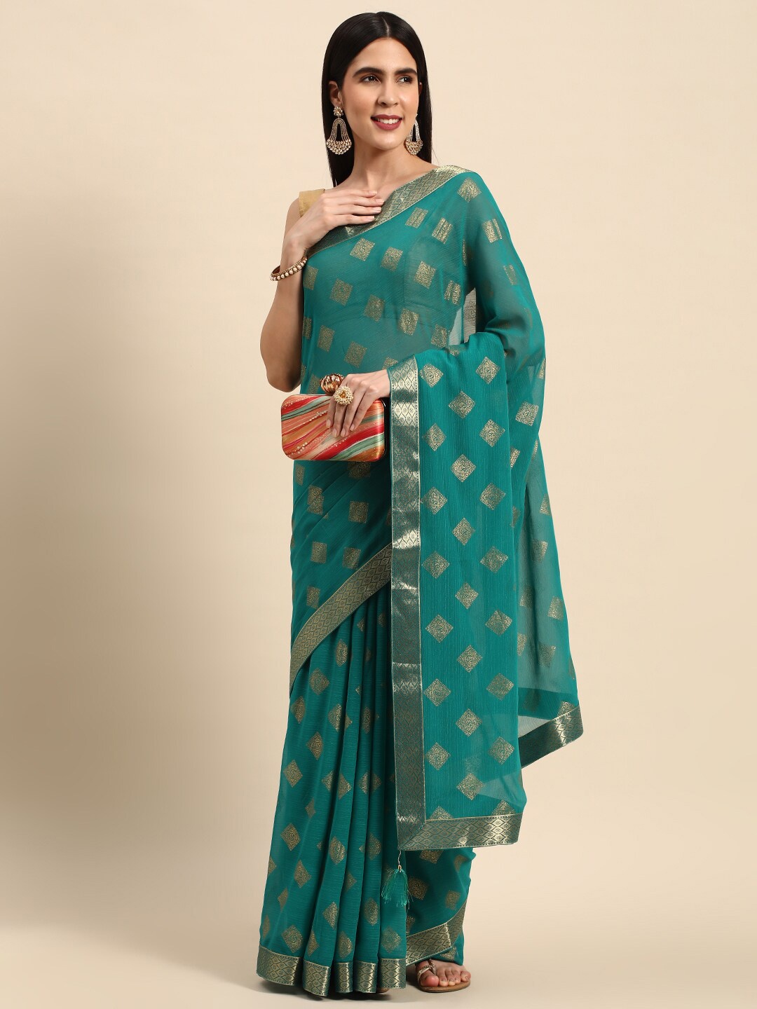 

KALINI Ethnic Motifs Printed Zari Saree, Turquoise blue