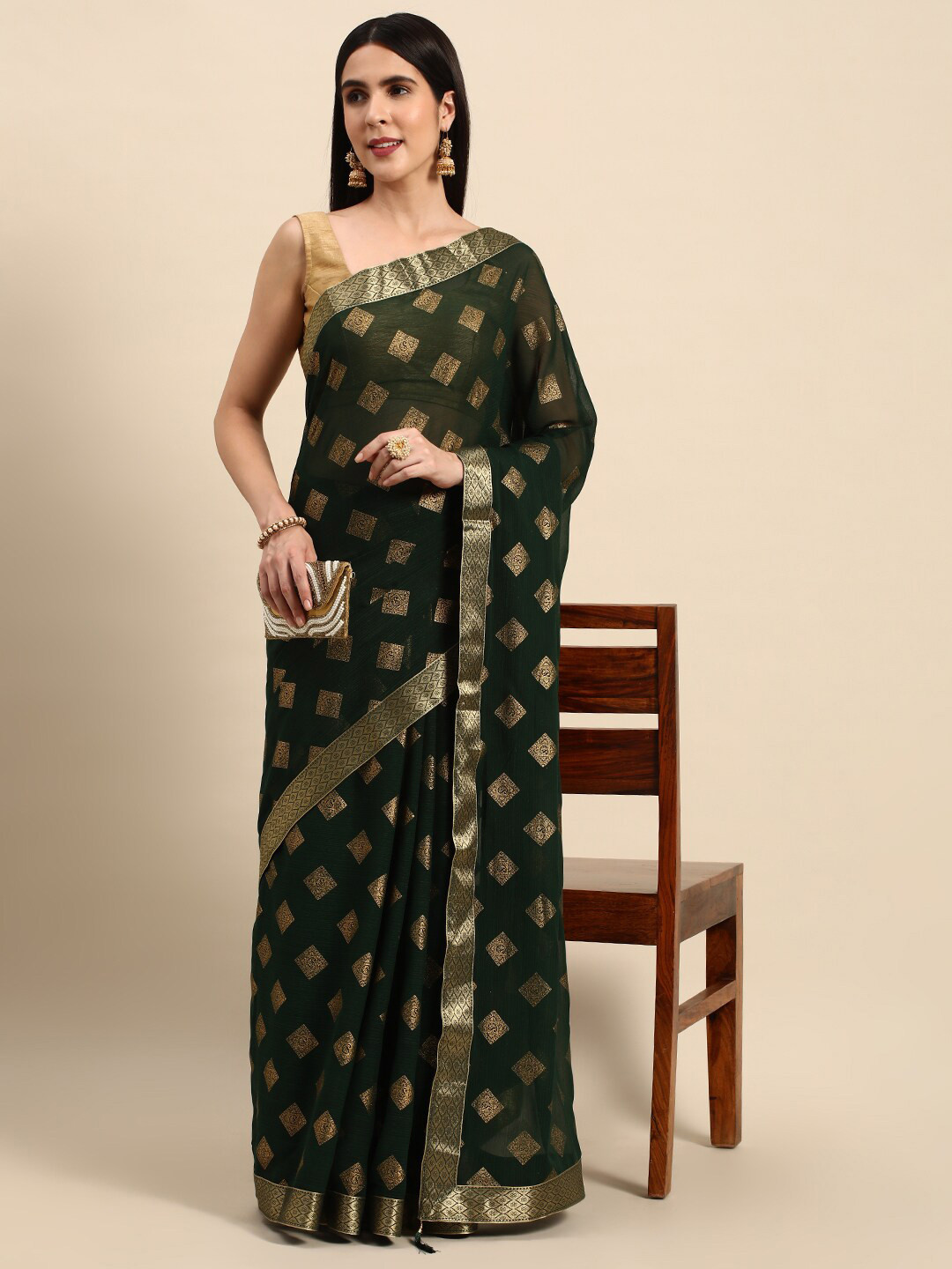 

KALINI Ethnic Motifs Printed Zari Saree, Green