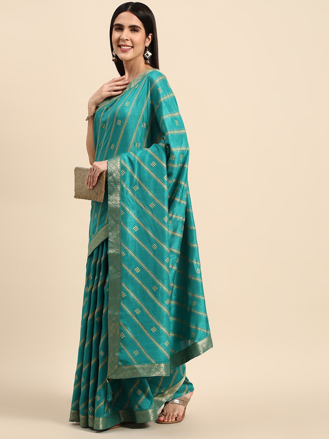 

KALINI Ethnic Motifs Printed Zari Pure Silk Saree, Turquoise blue