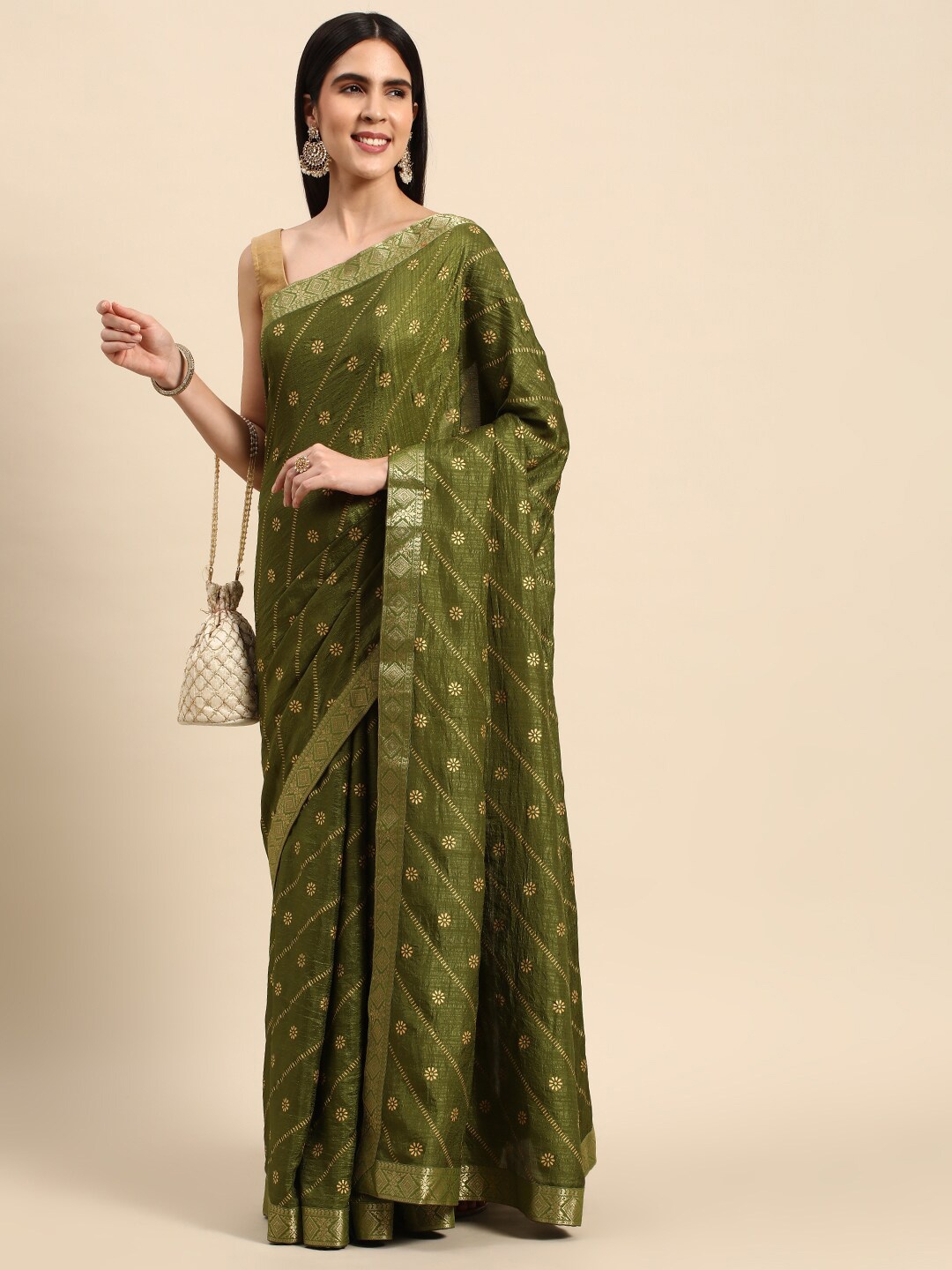 

KALINI Ethnic Motifs Printed Pure Silk Saree, Green