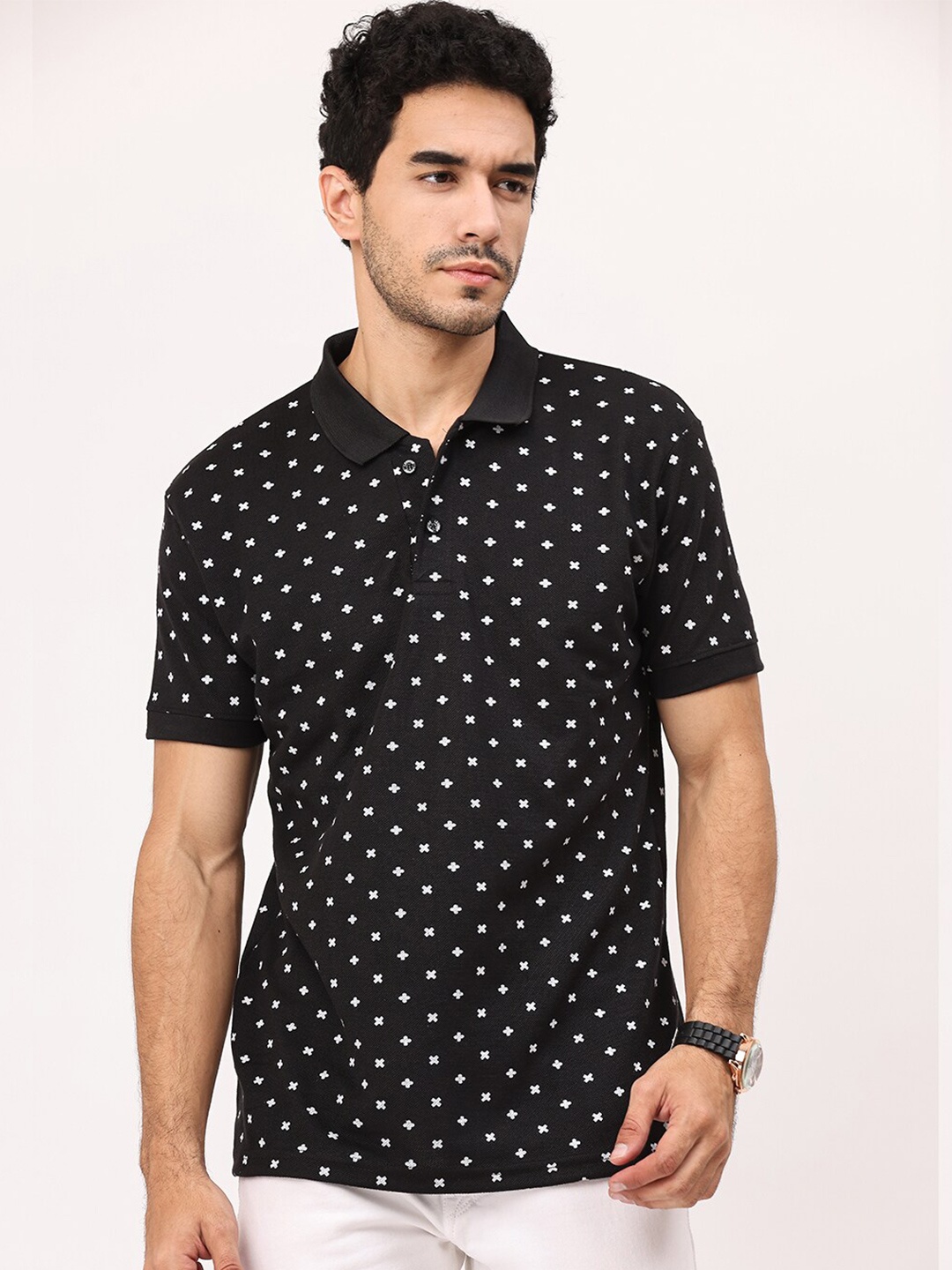 

Leotude Geometric Printed Polo Collar T-shirt, Black