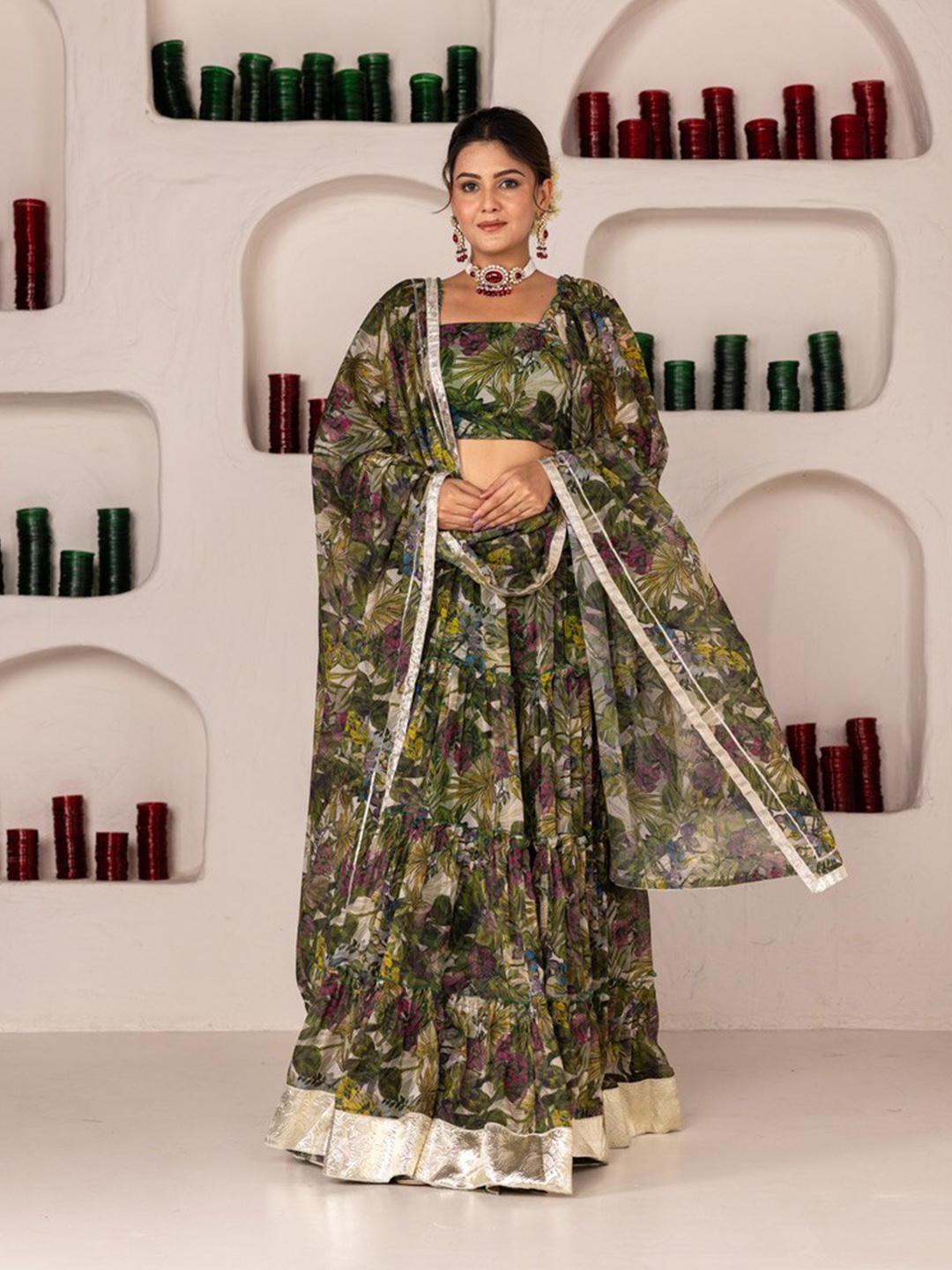 

OneWe Floral Printed Ready to Wear Lehenga & Blouse With Dupatta, Green