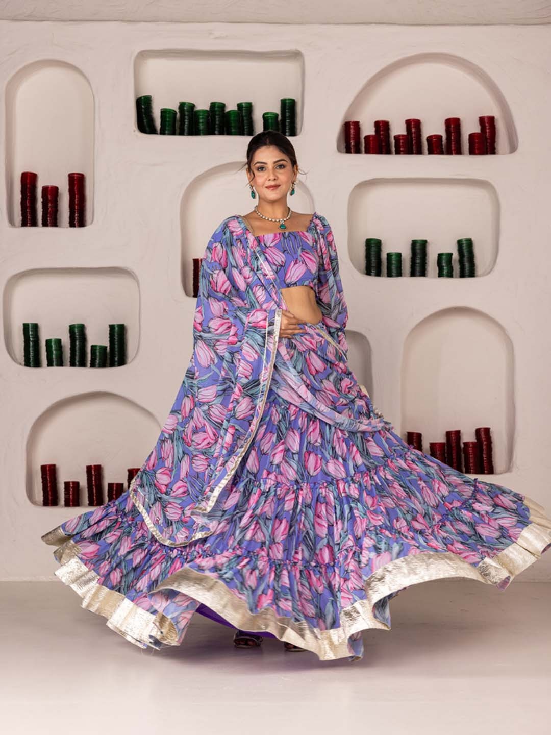 

OneWe Printed Ready to Wear Lehenga & Blouse With Dupatta, Lavender