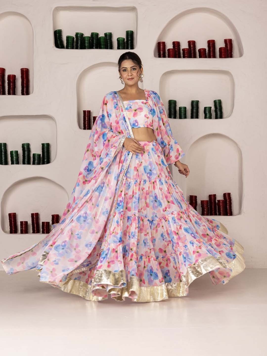 

OneWe Printed Ready to Wear Lehenga & Blouse With Dupatta, White