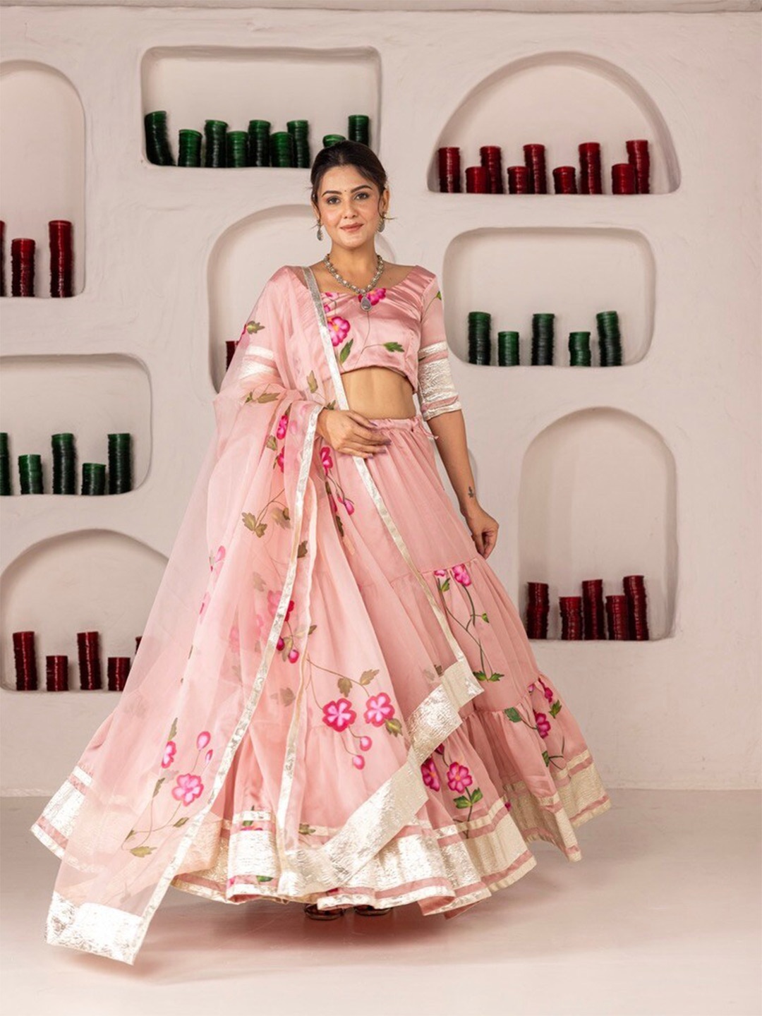 

OneWe Printed Gotta Patti Satin Ready To Wear Lehenga & Blouse With Dupatta, Pink