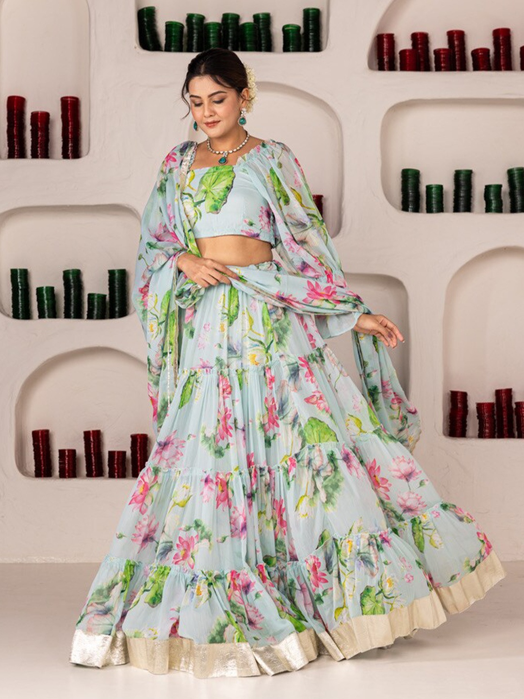 

OneWe Floral Printed Ready to Wear Lehenga & Blouse With Dupatta, Teal