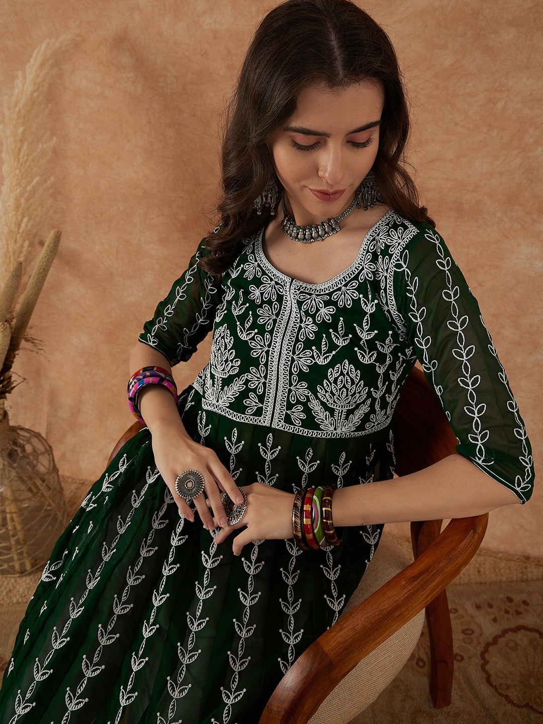 

Sangria Ethnic Motifs Embroidered A-Line Kurta, Green