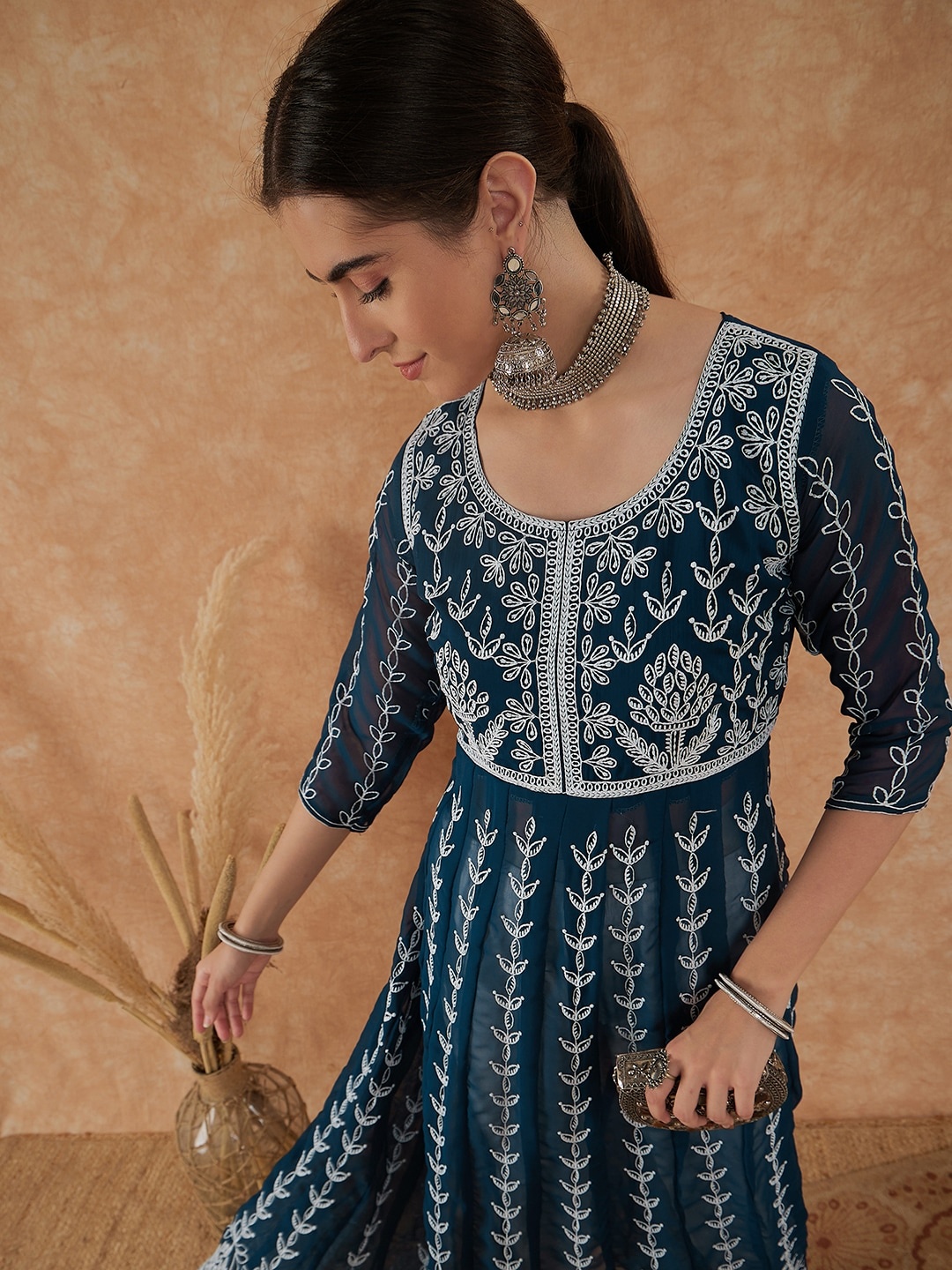 

Sangria Ethnic Motifs Embroidered Georgette A-Line Kurta, Teal