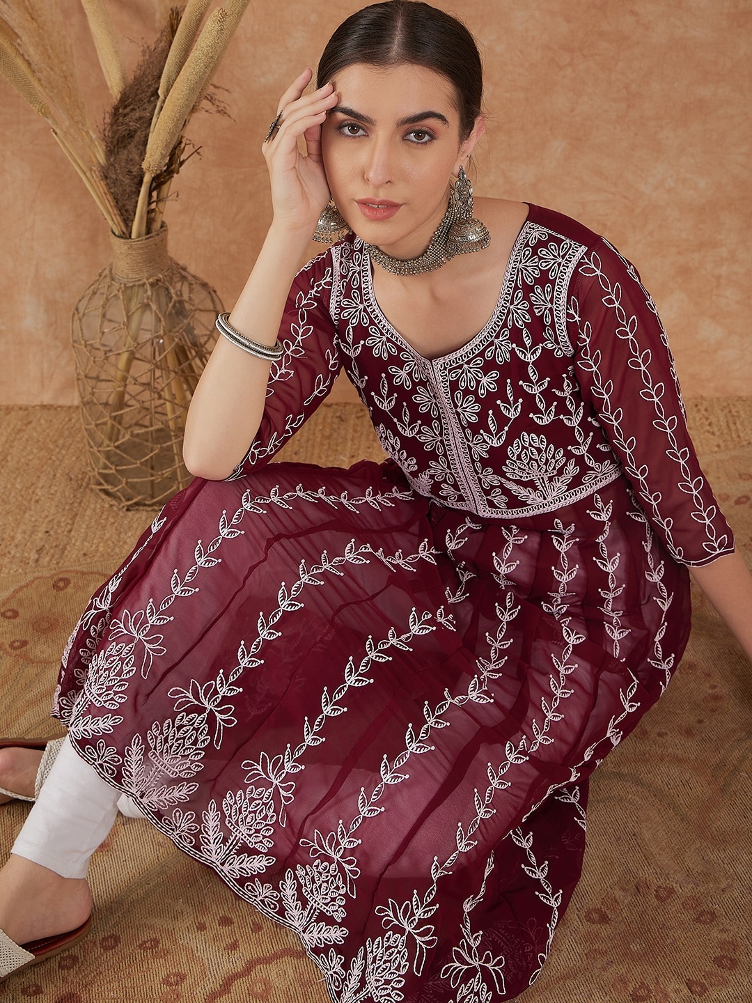 Sangria Floral Embroidered Georgette A-Line Kurta, Burgundy