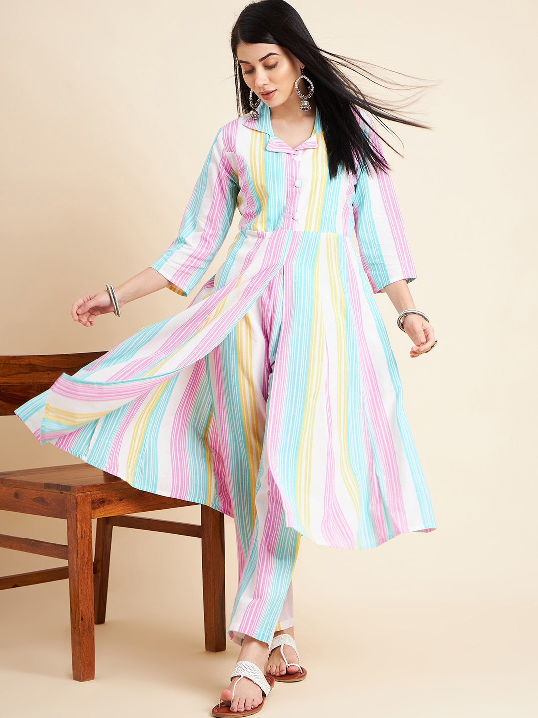 

Sangria Blue & Pink Striped Pure Cotton A-Line Kurta With Trouser