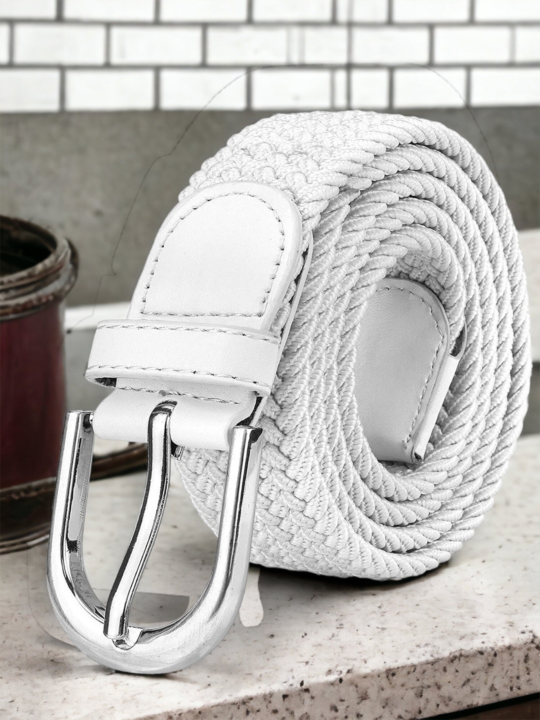 

Mast & Harbour White Woven Design Canvas Stretchable Belt