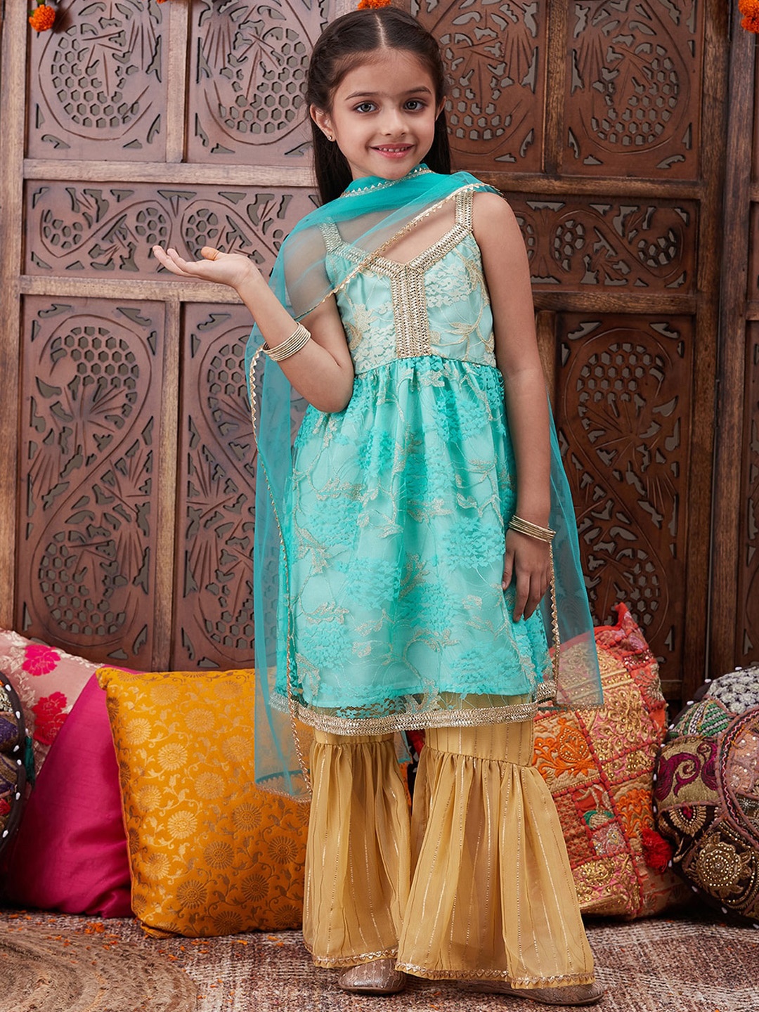 

pspeaches Girls Ethnic Motifs Embroidered Gotta Patti Anarkali Kurta & Sharara With Dupatta, Turquoise blue