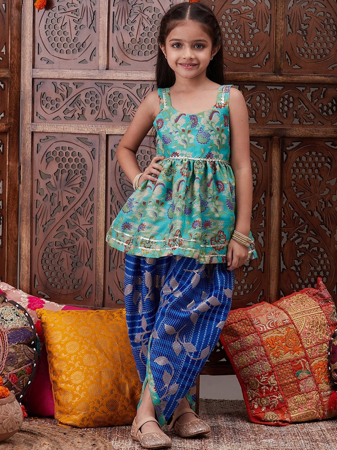 

pspeaches Girls Ethnic Motifs Printed U-Neck Georgette A-Line Kurti With Dhoti Pants, Blue
