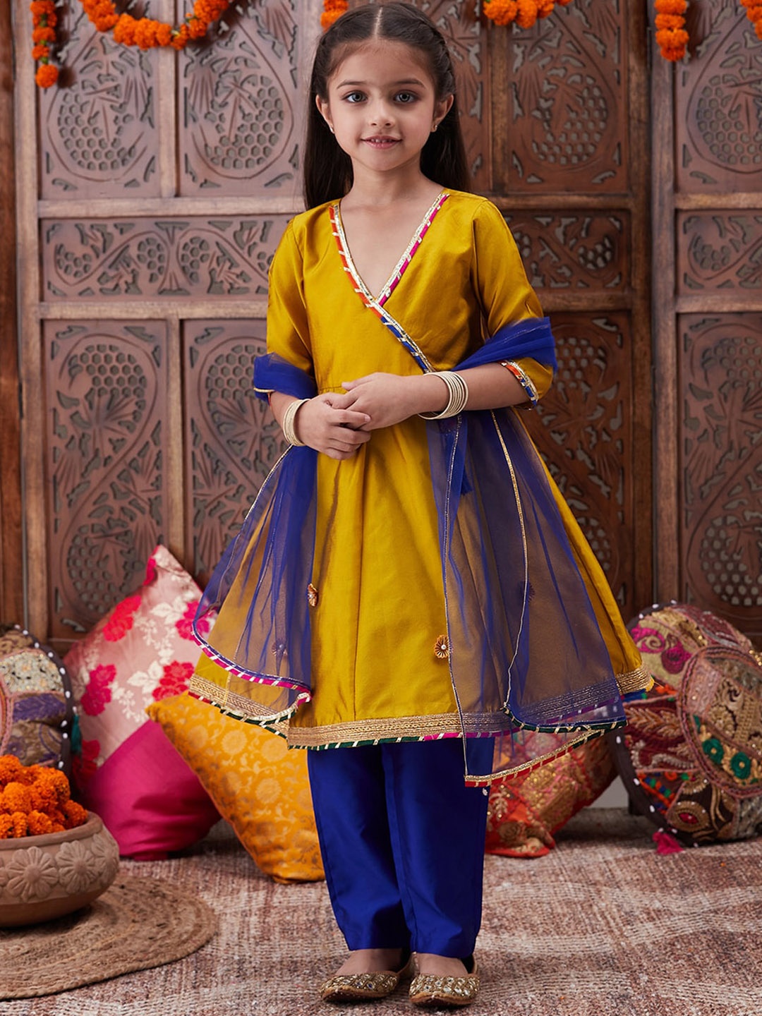 

pspeaches Girls Gotta Patti Angrakha Kurta & Salwar With Dupatta, Mustard