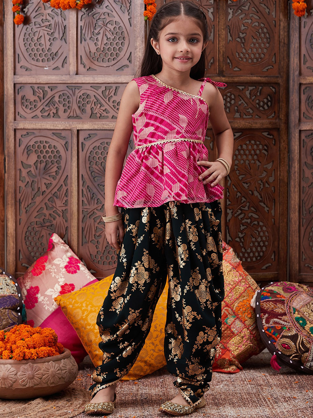 

pspeaches Girls Ethnic Motifs Printed One Shoulder A-Line Top With Dhoti Pants, Magenta