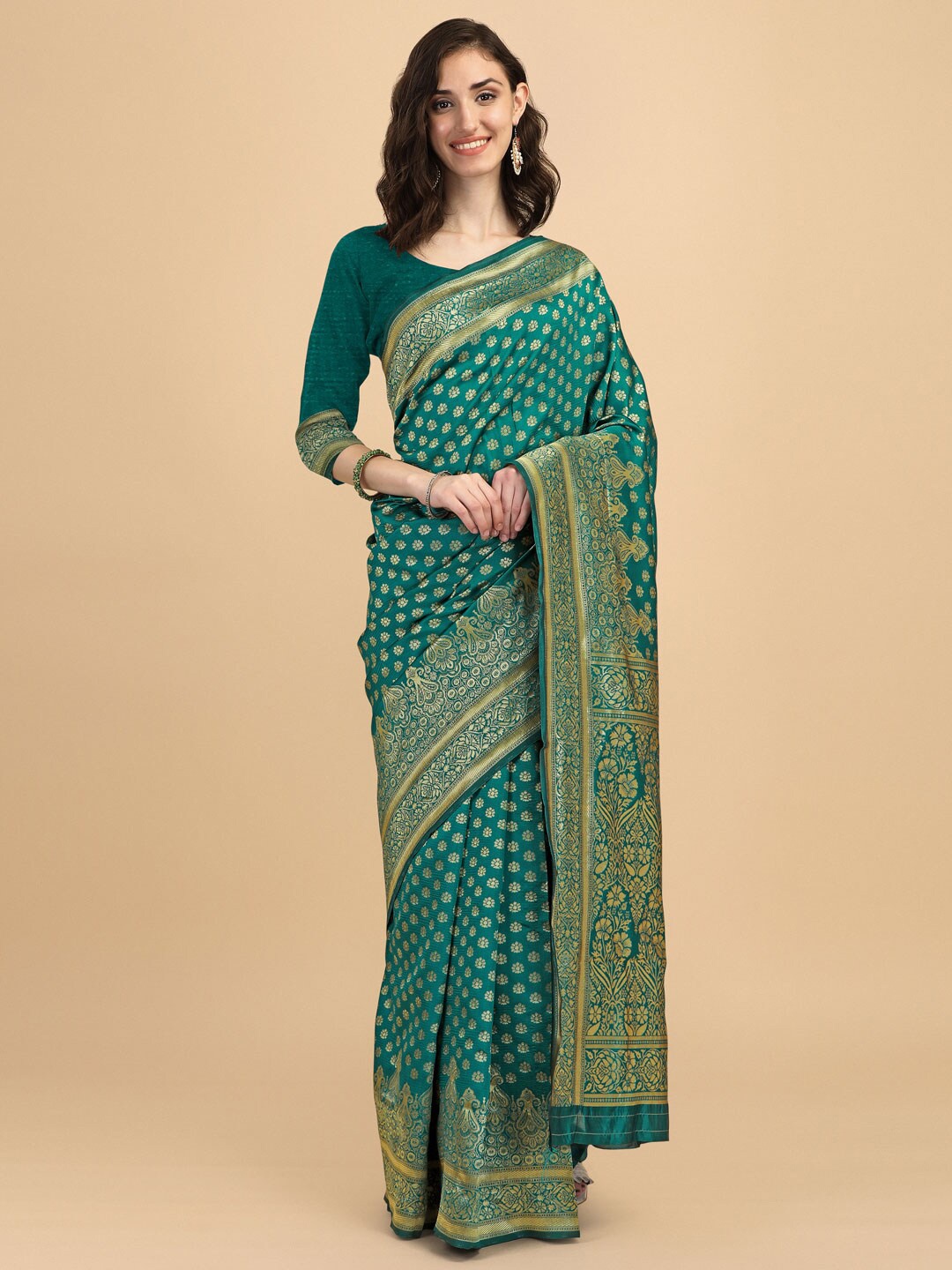 

SHIJILA Ethnic Motifs Woven Design Zari Kanjeevaram Saree, Sea green