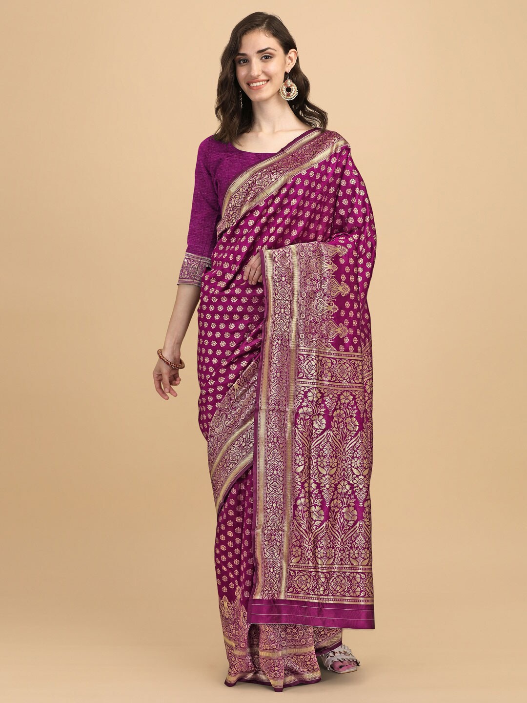 

SHIJILA Ethnic Motifs Woven Design Zari Kanjeevaram Saree, Purple