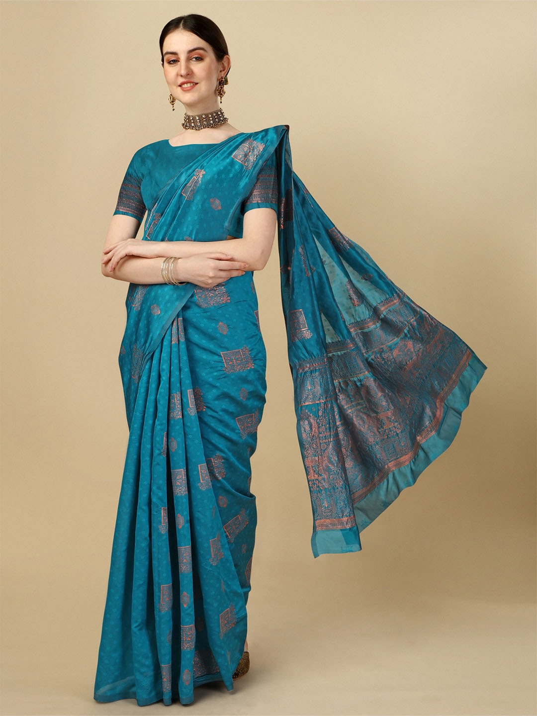 

SHIJILA Ethnic Motifs Woven Design Zari Kanjeevaram Saree, Teal