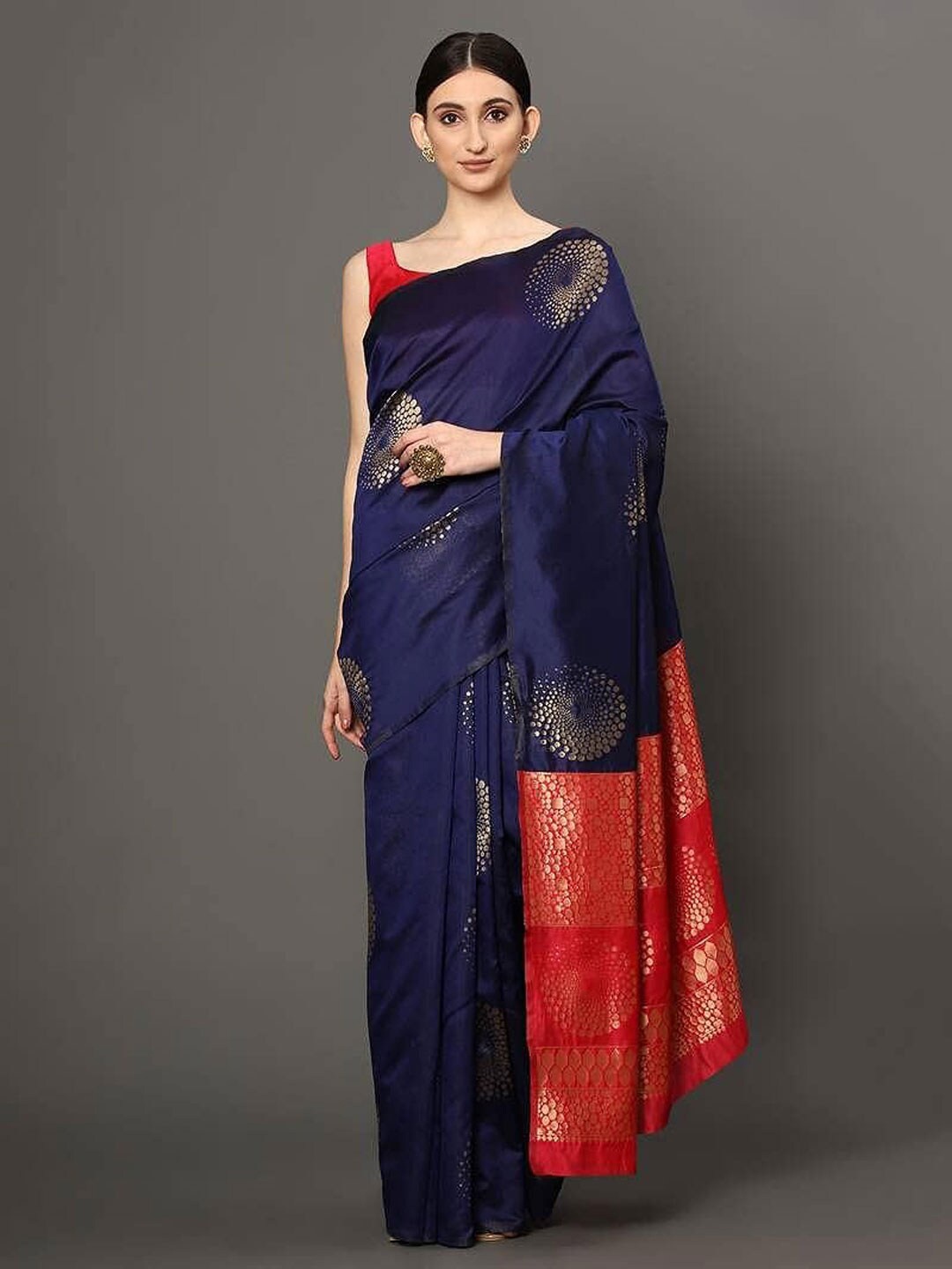 

SHIJILA Ethnic Motifs Woven Design Zari Kanjeevaram Saree, Navy blue