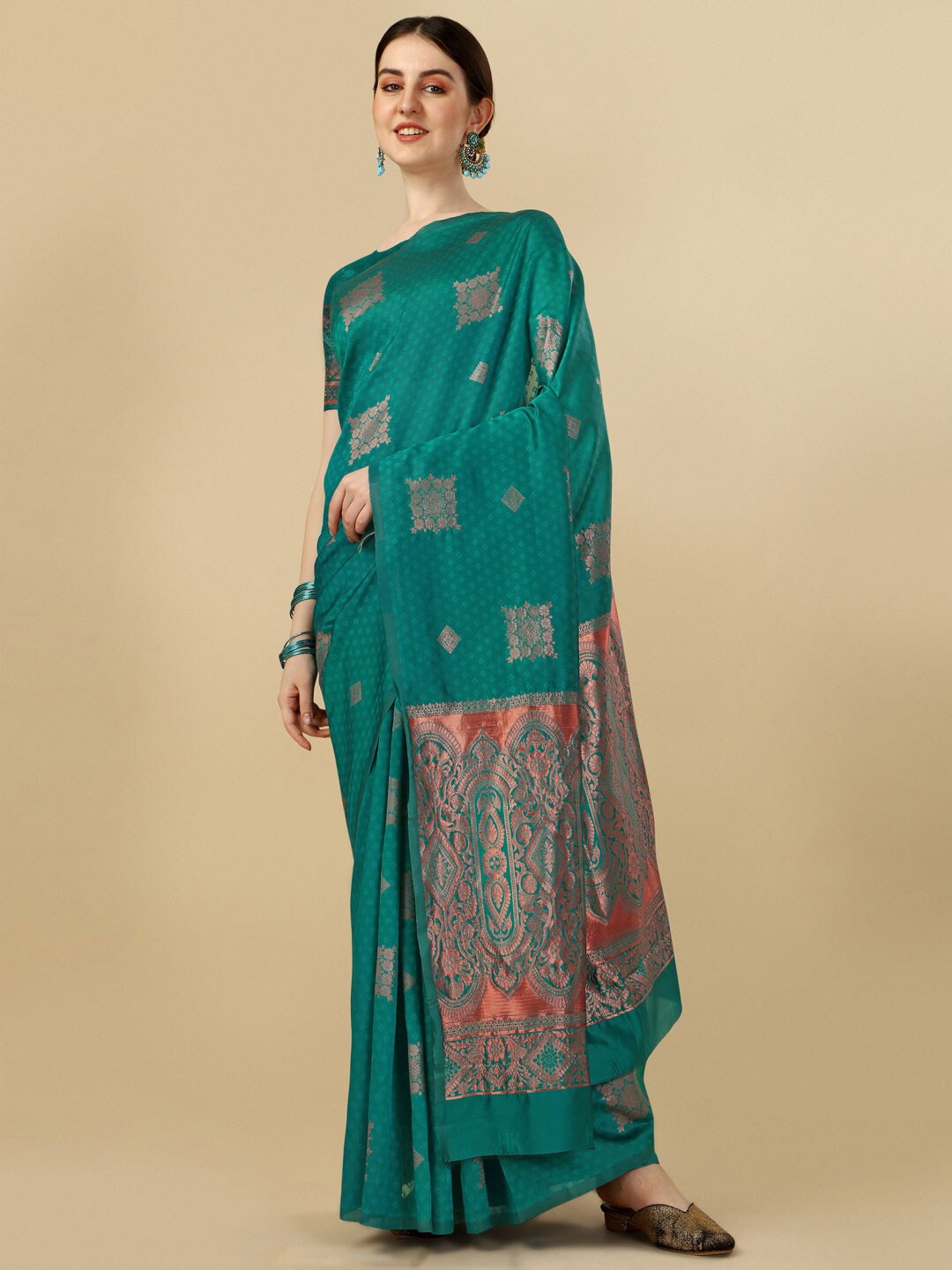 

SHIJILA Ethnic Motifs Woven Design Zari Kanjeevaram Saree, Teal